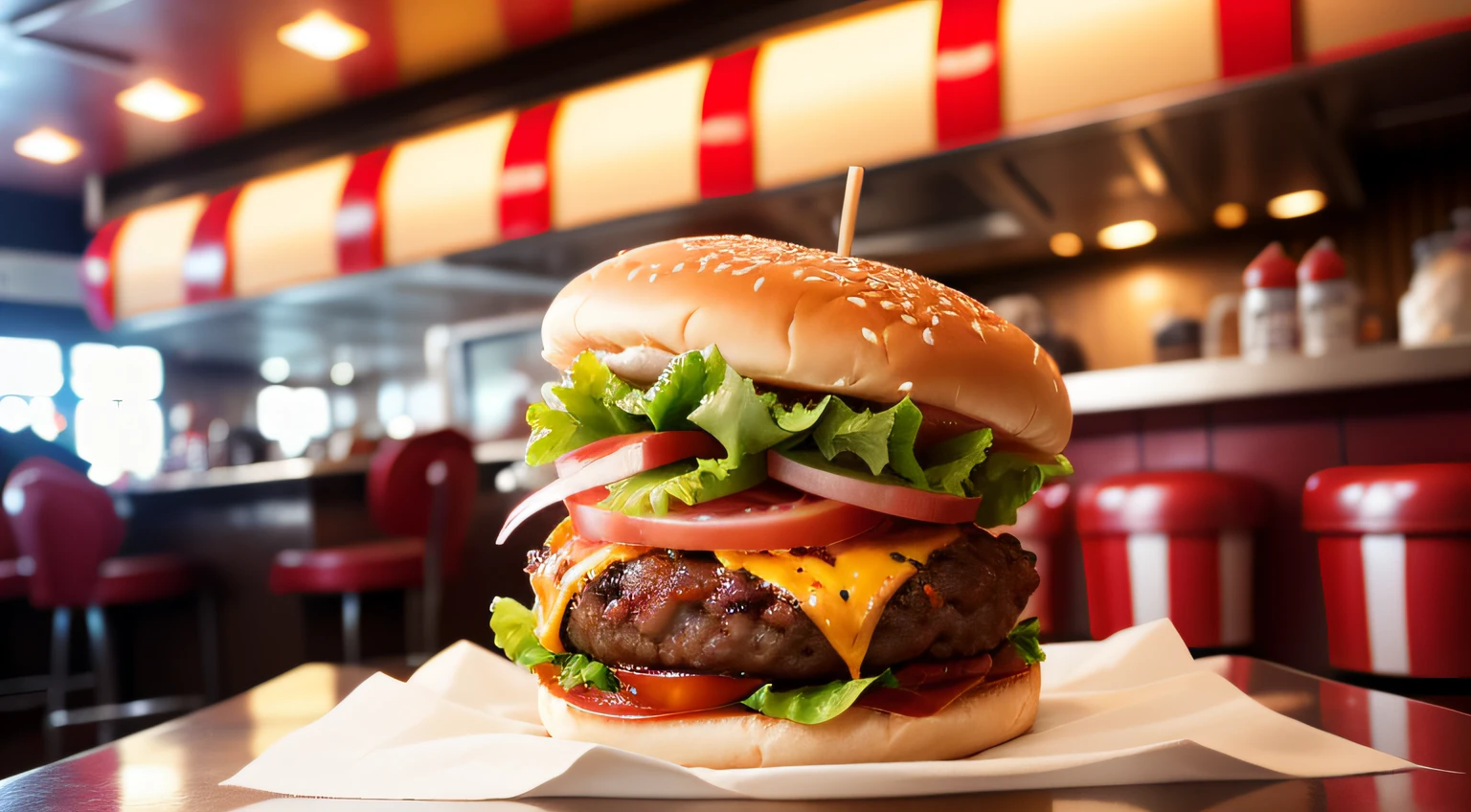 hamburger,, american diner background, looking delicious, full focus on hamburger