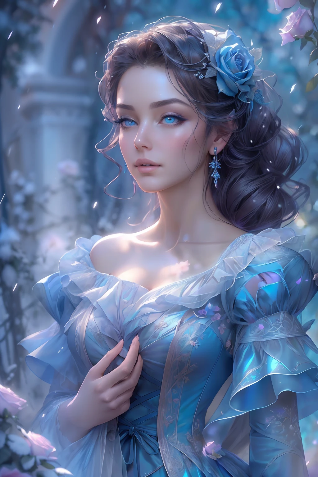 This is realistic (((fantasy))) artwork set in the frozen blue rose garden of an enchanted ice castle in winter and should consist of many shades of cold blue colors. It is snowing heavily. Generate a proud woman with a (((highly detailed face))) dressed in the billowing folds of a stunning French silk ballgown. The woman's elegant face is ((((highly detailed, with realistic features and soft, puffy lips.)))) The ballgown is embellished with ruffles, sashes, and bows and a delicately, but intricately, hand-embroidered bodice. The corset features silk ribbon. She is wearing Victorian royal winter outer clothes. The woman's stunning eyes are beautifully detailed, featuring realistic shading and multiple colors, and in high resolution. The woman is in a garden of eternal roses, each one beautifully formed and highly detailed. These realistic blue roses feature shimmering shades of light blue, dark blue, silver, and glimmering blue-purple. The eternal rose is a deep shade of periwinkle with shimmering iridescent overtones and undertones. Ensure that the woman's face, hair, and eyes are perfect. realism, high fantasy, whimsical fantasy, storybook fantasy, fairytale fantasy, fantasy details, enchanting, bewitching, 8k, hires, CGI, digital painting, unity, unreal engine, (((masterpiece))), intricate, elegant, highly detailed, majestic, digital photography, art by artgerm and ruan jia and Greg Rutkowski, (masterpiece, finely detailed beautiful eyes: 1.2), hdr, realistic skin texture, (((1woman))), (((solo))), Include a highly detailed face, extremely detailed face, and interesting background.