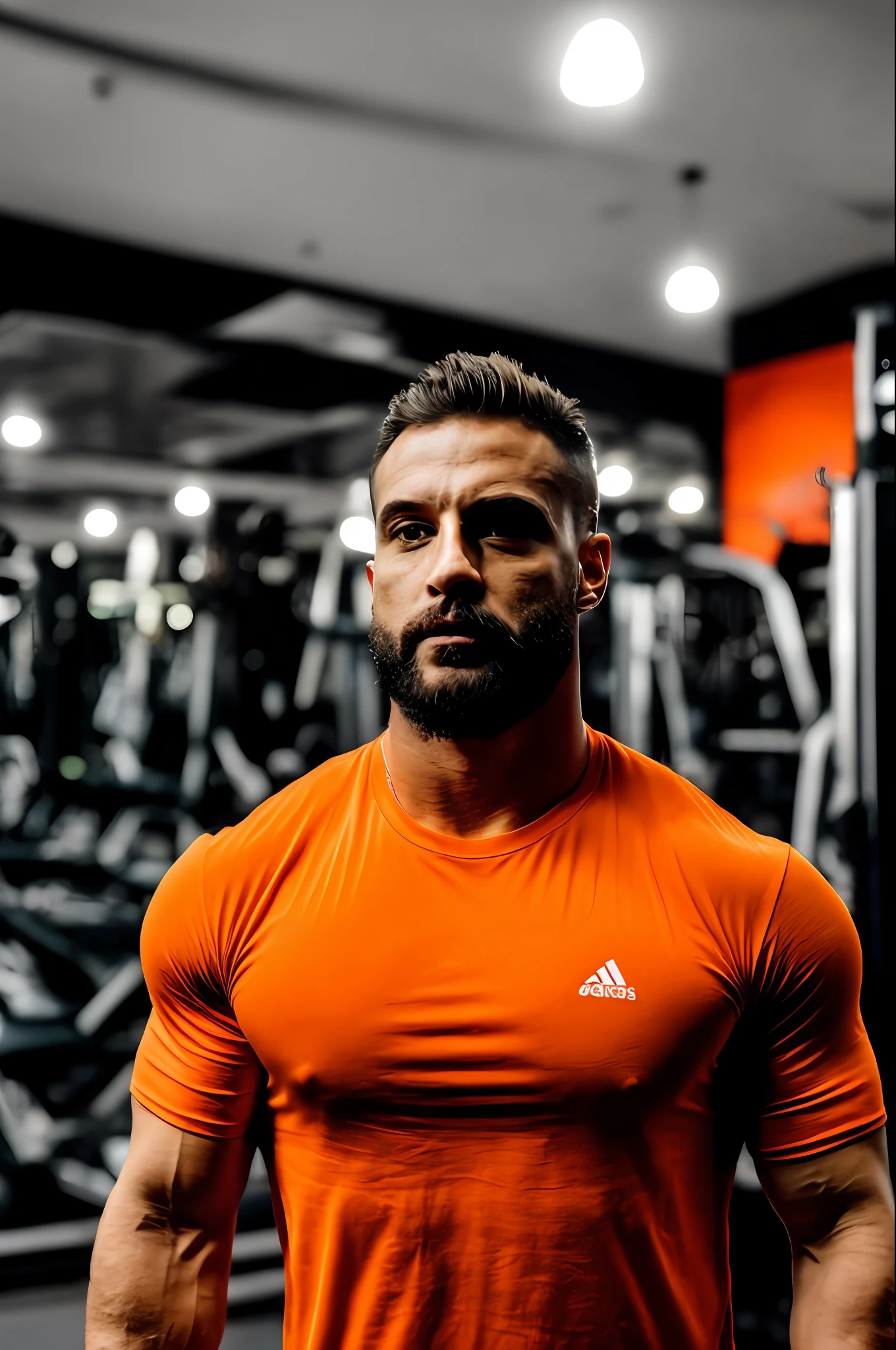 There's a muscular man. Tem 26 anos. He's alone in a gym. He's a physical trainer. It has large arms and well-defined biceps. Ele tem pele clara. Hair on the arms. He's wearing an orange T-shirt. inside a bodybuilding gym. Muitas Anilhas, espelhos. Fundo escuro com algumas luzes e leds. realista. sharp photo. 8k. Luz forte do lado esquerdo. Foto realista