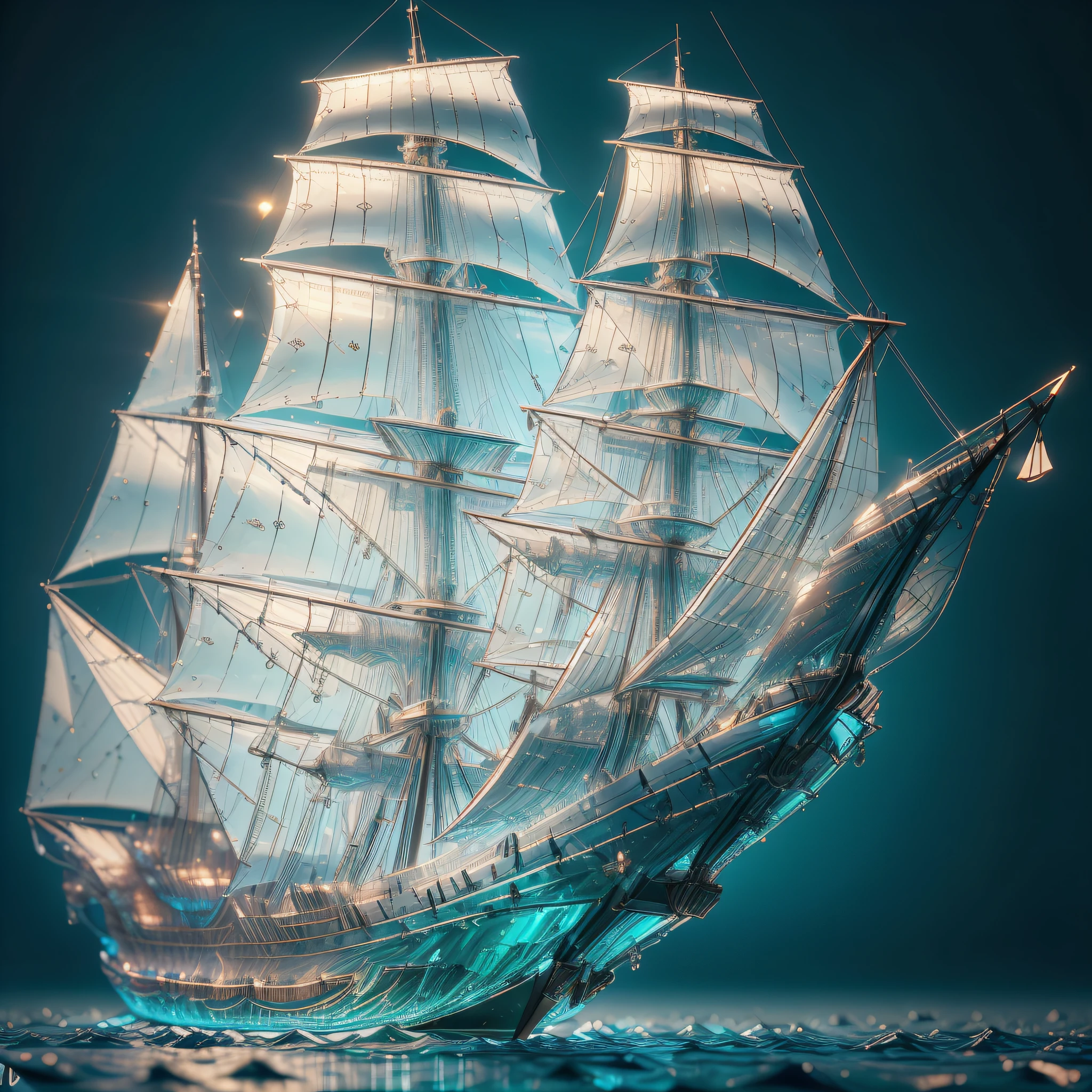"(escultura de cristal de alta qualidade, navio com grandes mastros, florestas, water, brilho, fantasia, incredible details, obra-prima, melhor qualidade, RTX, 4k, 8k)"