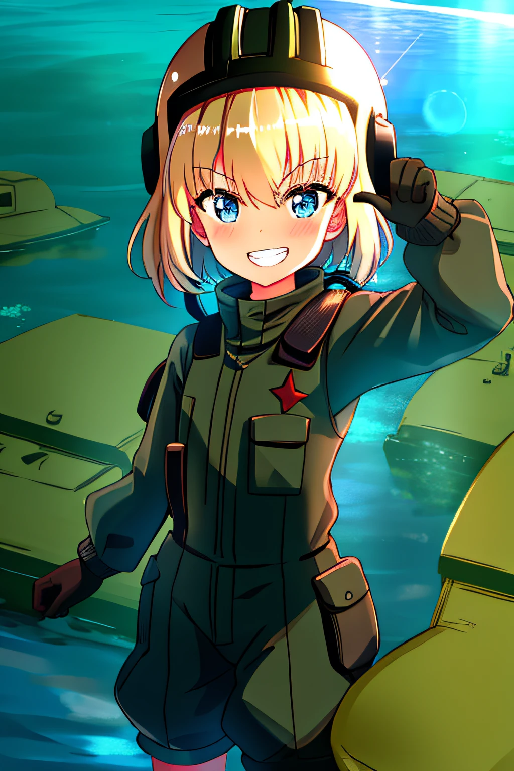 Masterpiece, Highest quality, Cowboy shot, Best quality, 1girll, Solo, view the viewer, ((Head over the water)), ((Underwater body)), Head focus, (thumb up:1.2),
Katyusha, blackfootwear, Black gloves, Black tiara, Blonde hair, Blue eyes, girls und panzer, mitts, Green jumpsuit, Gun, helmet, Jumpsuit, army suit,  Short hair, Short jumpsuits, Tank helmet, uniform, Lake, water, (Green water:1.1), (marshes:1.2),
lozhkin, (grin:1.1), accurate teeth with gaps, Open mouth,