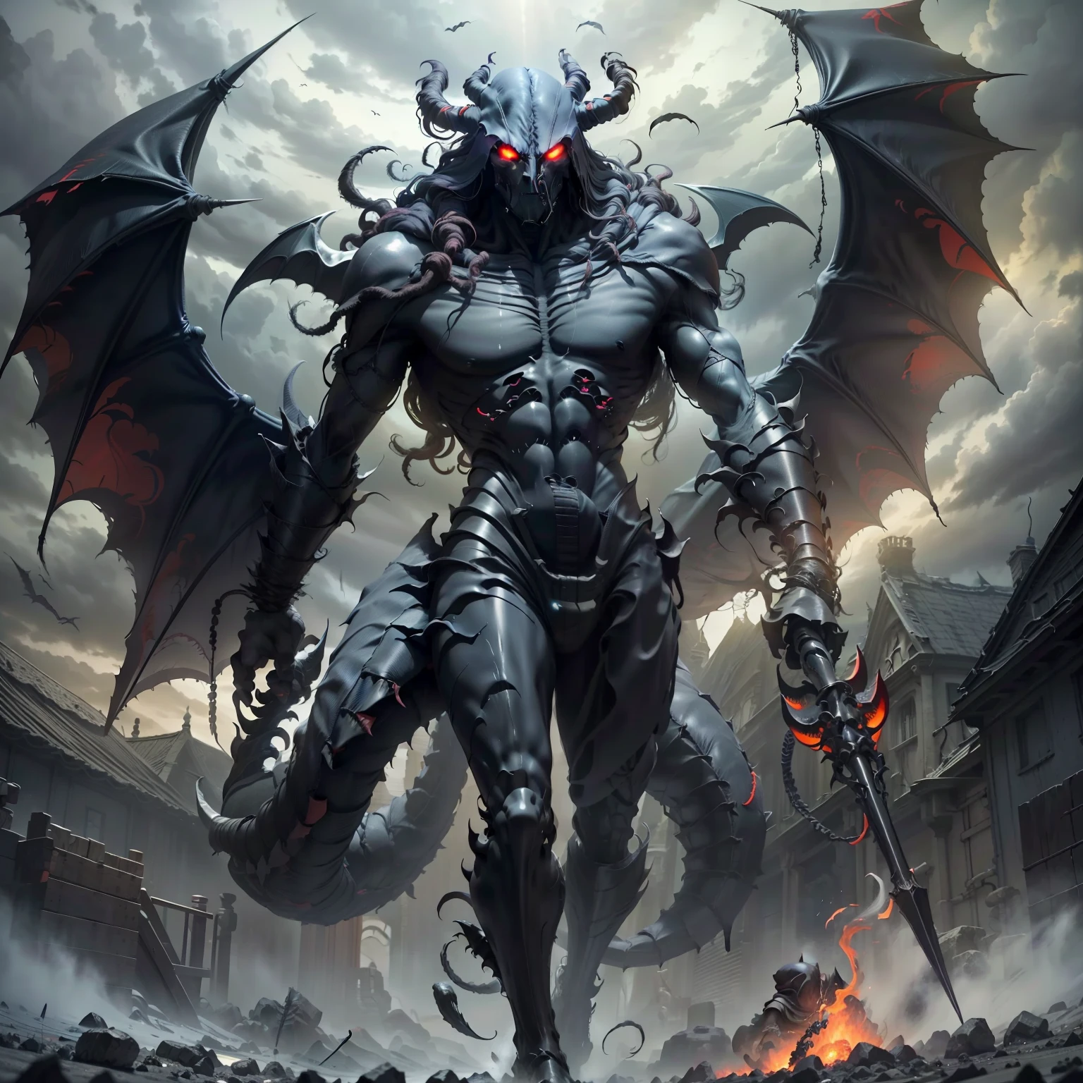 Generate an image of an 8-foot-tall humanoid creature, with black obsidian skin, a single bright red eye in the center of his face, a mane of twisted shadow tendrils, long skeletal limbs ending in clawed hands and feet covered in dark smoke, et de grande taille, serrated, Bat-like metal wings unfolding from its back