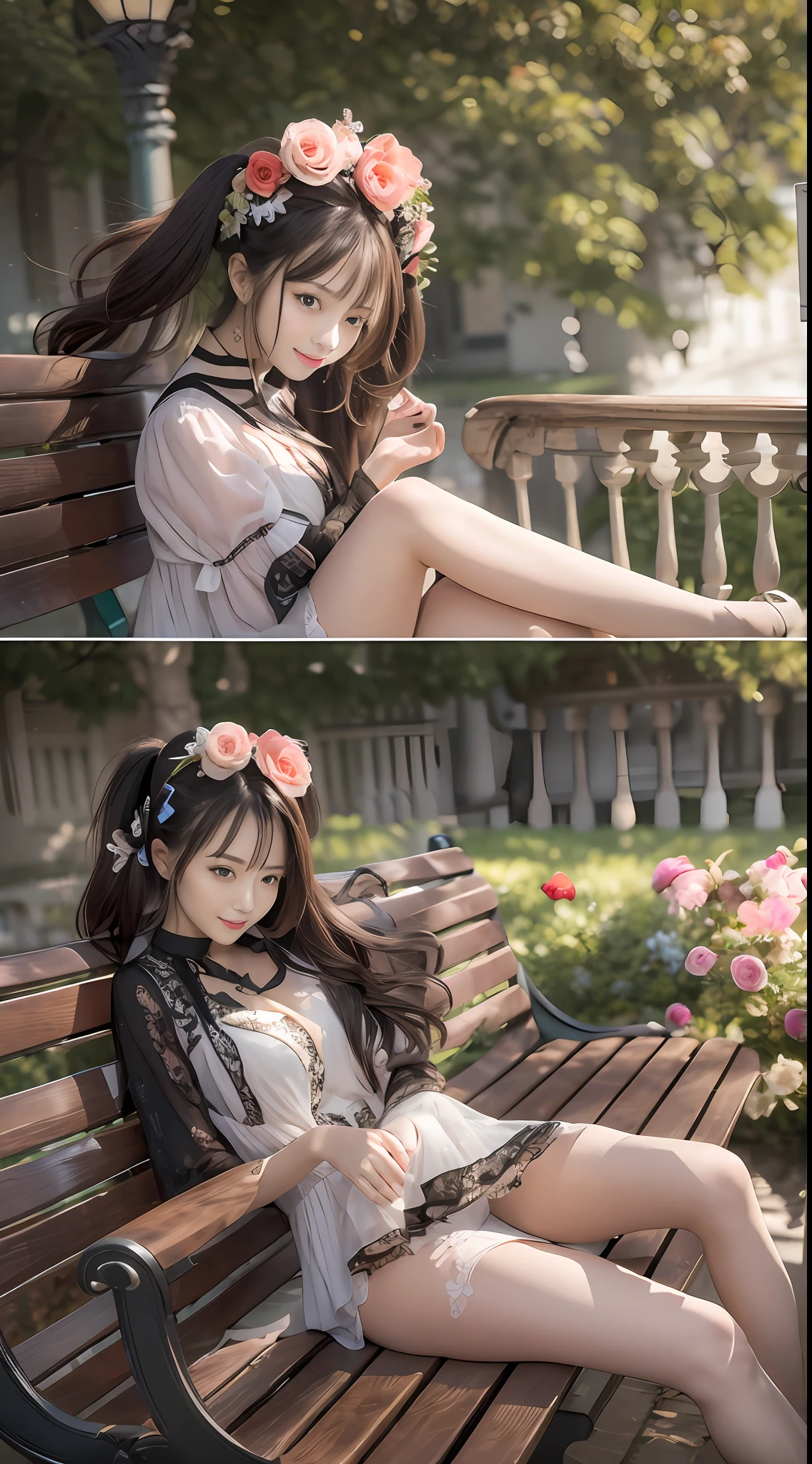tmasterpiece,Black pantyhose with flowers,Girl sitting on a park bench,ssmile,laid back,light wind,Movie side light,