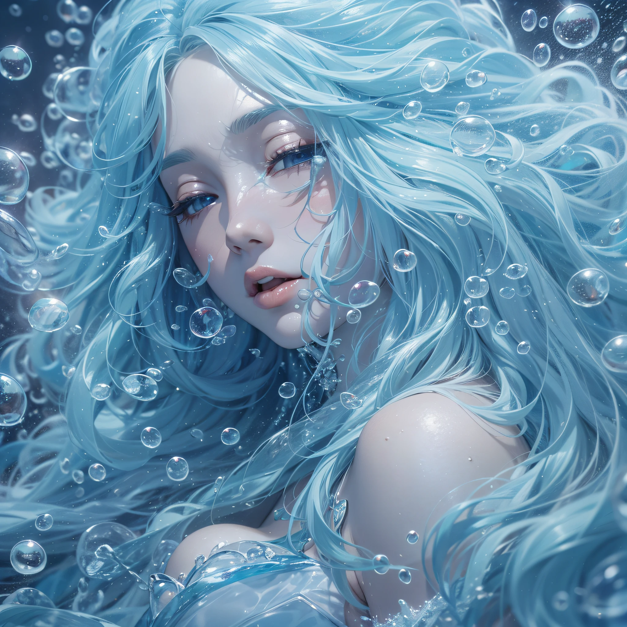 Beautiful water goddess with long light blue hair collapses on a bed of bubbles with sleepy eyes、masterpiece、realisitic