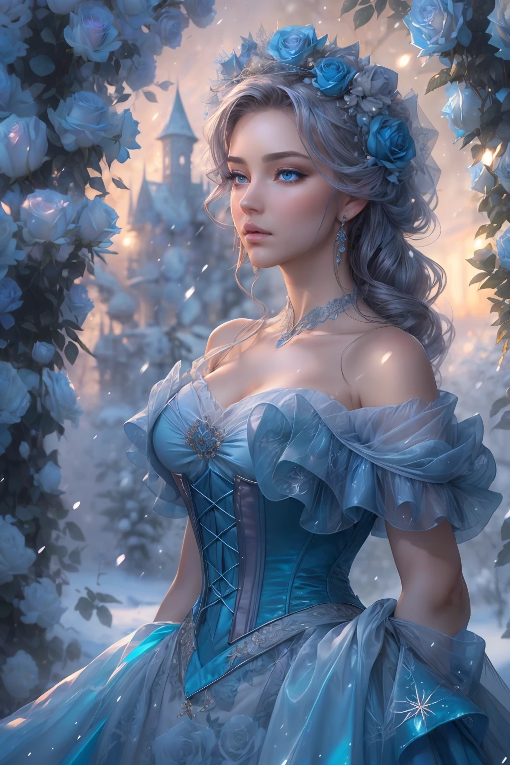 This is realistic (((fantasy))) artwork set in the frozen blue rose garden of an enchanted ice castle in winter and should consist of many shades of cold blue colors. It is snowing heavily. Generate a proud woman with a (((highly detailed face))) dressed in the billowing folds of a stunning French silk ballgown. The woman's elegant face is ((((highly detailed, with realistic features and soft, puffy lips.)))) The ballgown is embellished with ruffles, sashes, and bows and a delicately, but intricately, hand-embroidered bodice. The corset features silk ribbon. She is wearing Victorian royal winter outer clothes. The woman's stunning eyes are beautifully detailed, featuring realistic shading and multiple colors, and in high resolution. The woman is in a garden of eternal roses, each one beautifully formed and highly detailed. These realistic blue roses feature shimmering shades of light blue, dark blue, silver, and glimmering blue-purple. The eternal rose is a deep shade of periwinkle with shimmering iridescent overtones and undertones. Ensure that the woman's face, hair, and eyes are perfect. realism, high fantasy, whimsical fantasy, storybook fantasy, fairytale fantasy, fantasy details, enchanting, bewitching, 8k, hires, CGI, digital painting, unity, unreal engine, (((masterpiece))), intricate, elegant, highly detailed, majestic, digital photography, art by artgerm and ruan jia and Greg Rutkowski, (masterpiece, finely detailed beautiful eyes: 1.2), hdr, realistic skin texture, (((1woman))), (((solo))), Include a highly detailed face, extremely detailed face, and interesting background.