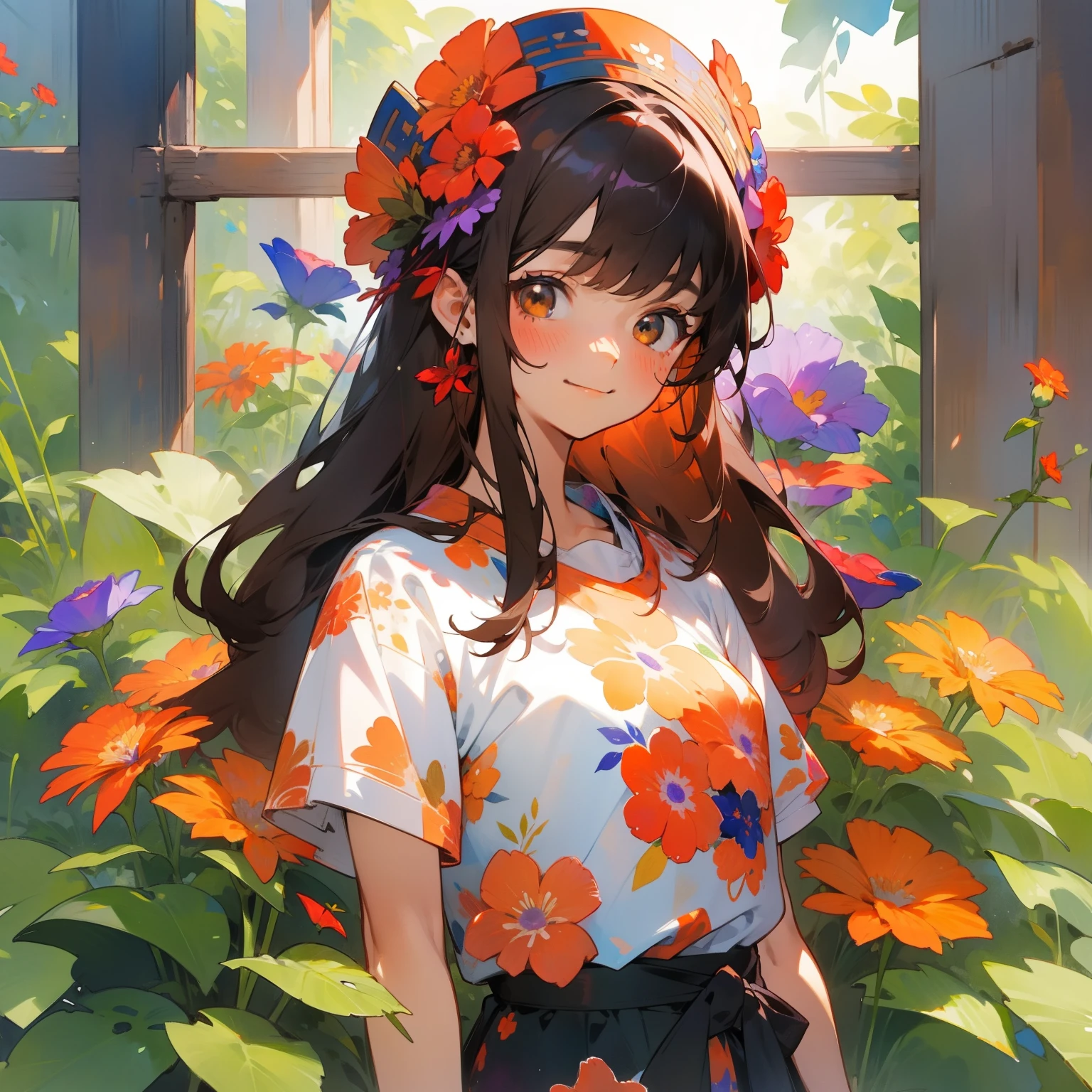 watercolor, 1girl, solo, red rose, long hair, smile, shirt, looking at viewer, short sleeves, red flower, floral print, black hair, purple flower, yellow flower, white shirt, orange flower, bangs, upper body, plant, blue flower, leaf, closed mouth, traditional media, brown hair with flower headpieces