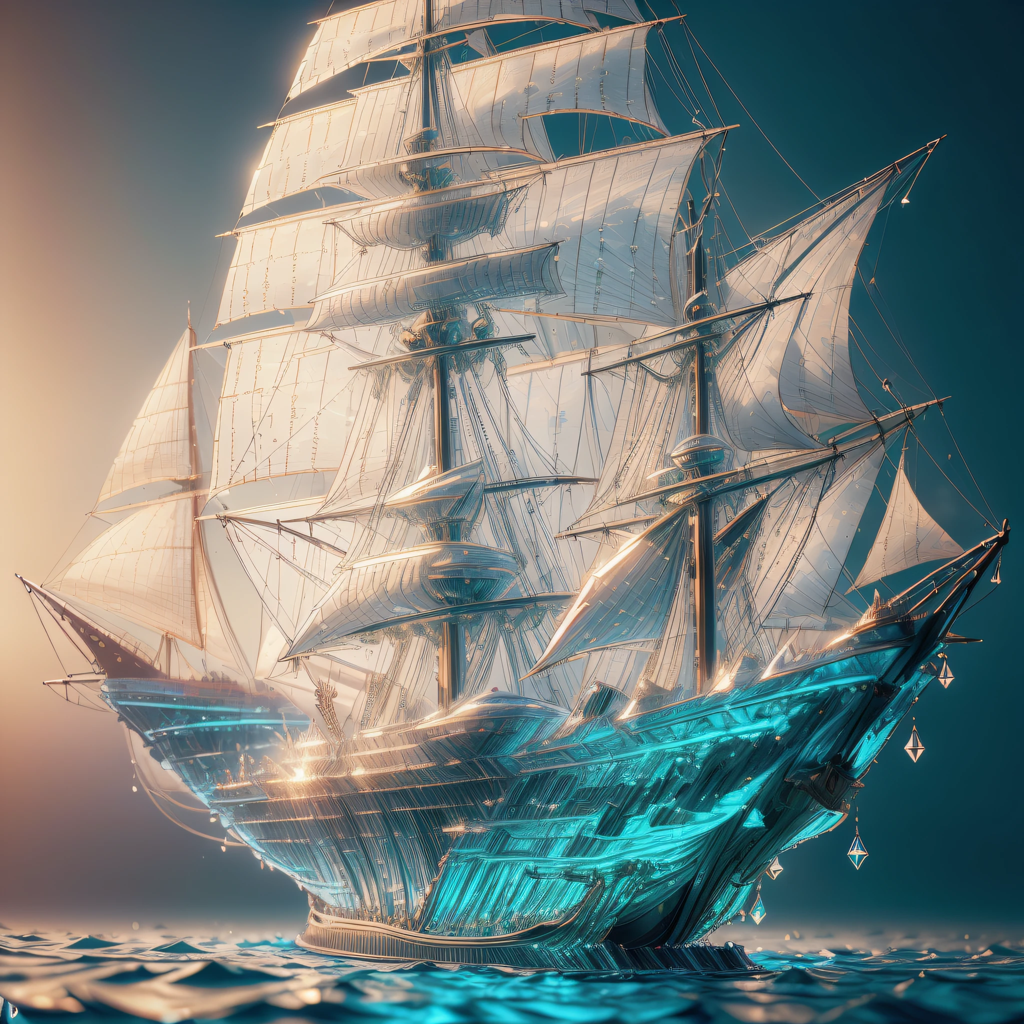 "(escultura de cristal de alta qualidade, navio com grandes mastros, florestas, water, brilho, fantasia, incredible details, obra-prima, melhor qualidade, RTX, 4k, 8k)"