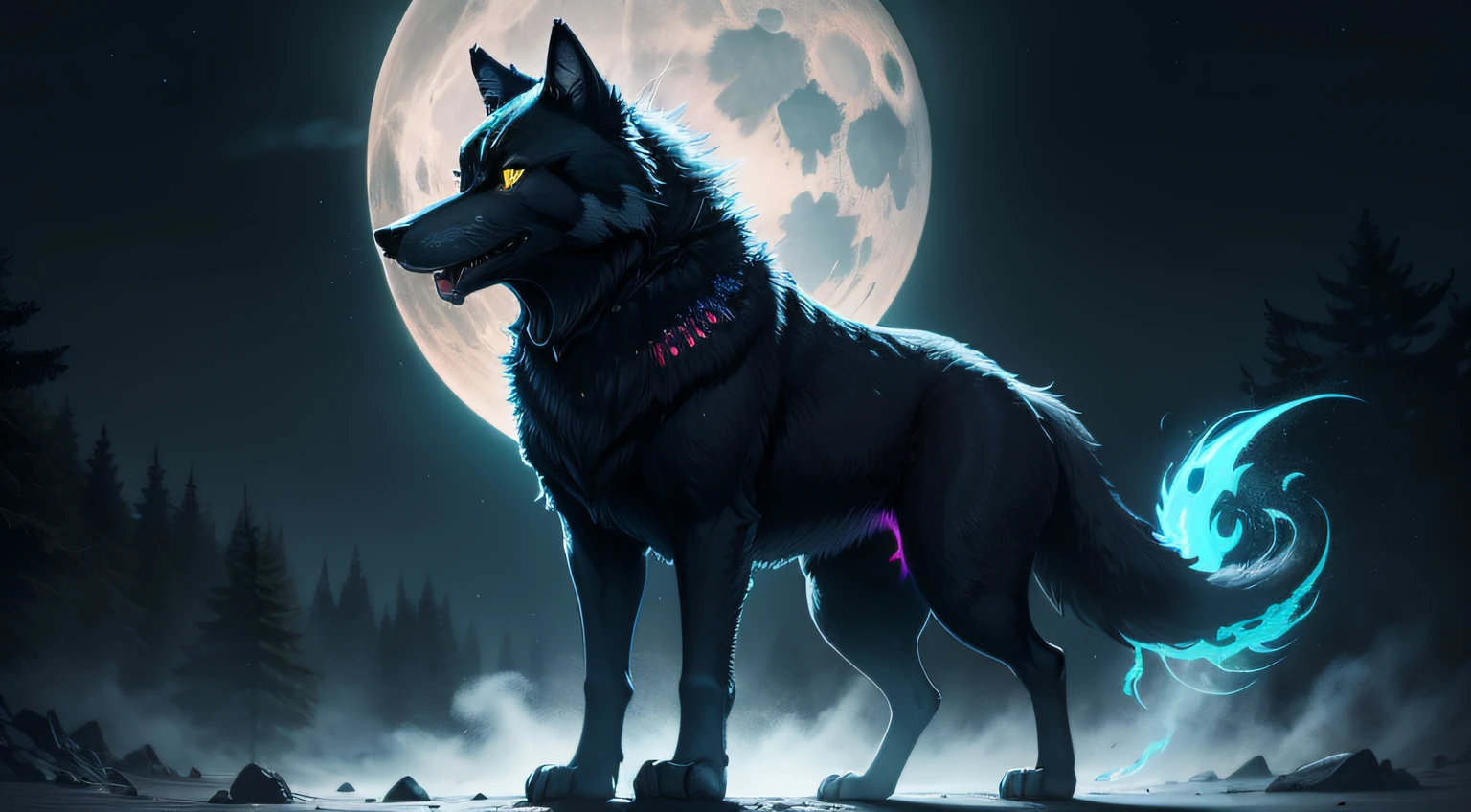 black wolf, glowing yellow eyes, blue light, pale moon, psychedelic, strong colors, crazy design