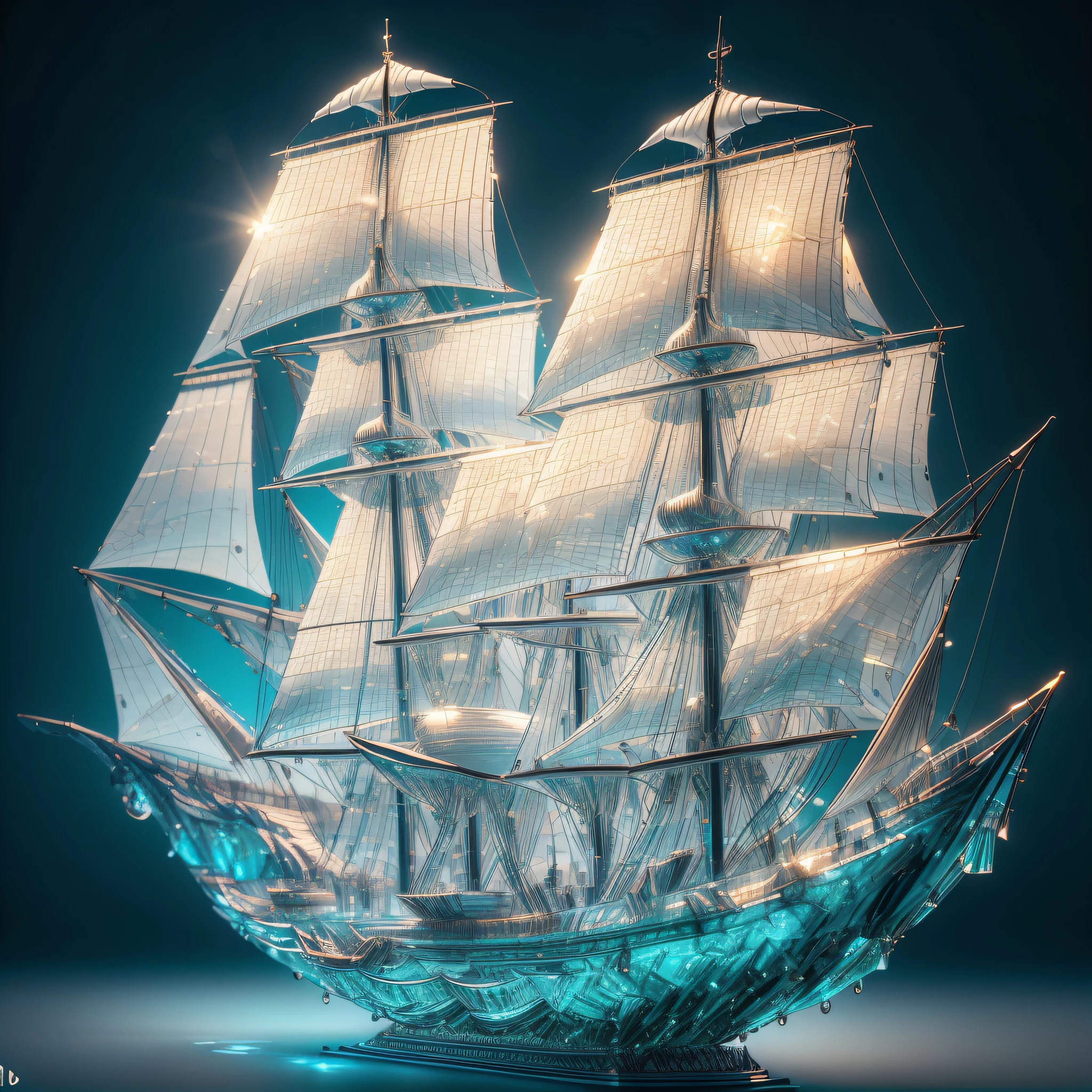 "(escultura de cristal de alta qualidade, navio com grandes mastros, florestas, water, brilho, fantasia, incredible details, obra-prima, melhor qualidade, RTX, 4k, 8k)"