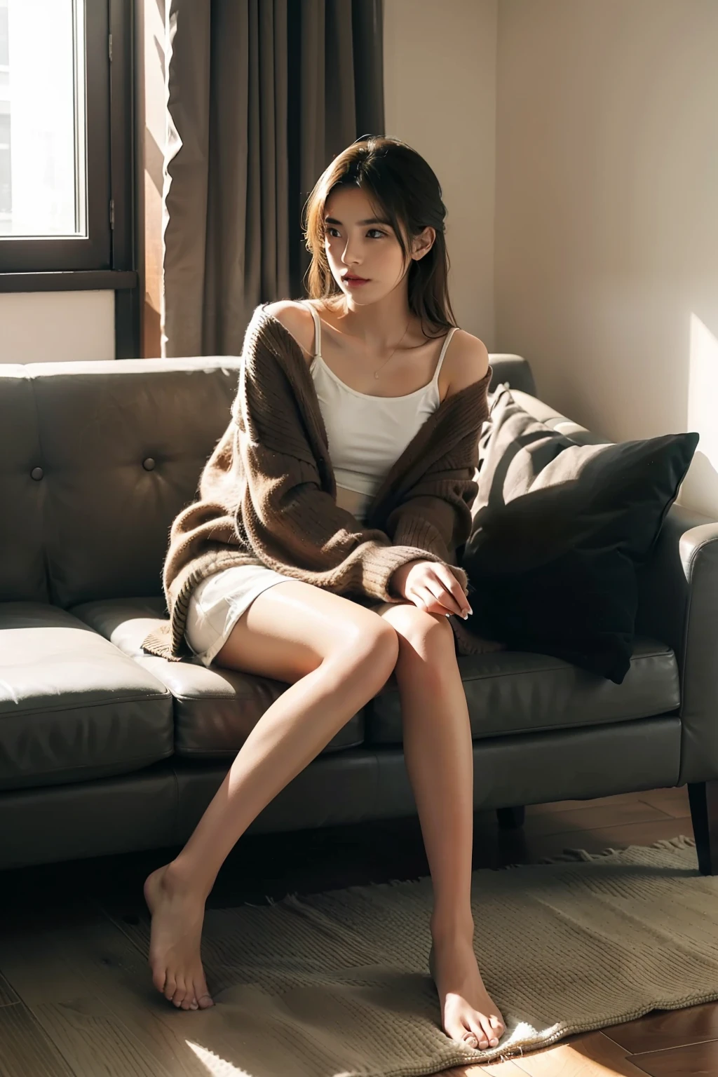1girl,sitting on a cozy couch,crossing legs,soft light,full body