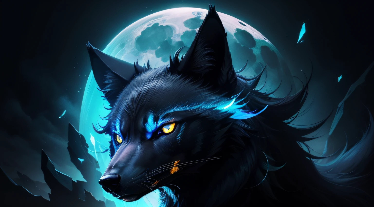 black wolf, glowing yellow eyes, blue light, pale moon, psychedelic, strong colors, crazy design