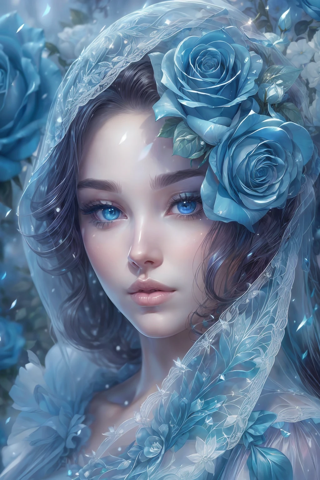 This is realistic (((fantasy))) artwork set in the frozen blue rose garden of an enchanted ice castle in winter and should consist of many shades of cold blue colors. It is snowing heavily. Generate a proud woman with a (((highly detailed face))) dressed in the billowing folds of a stunning French silk ballgown. The woman's elegant face is ((((highly detailed, with realistic features and soft, puffy lips.)))) The ballgown is embellished with ruffles, sashes, and bows and a delicately, but intricately, hand-embroidered bodice. The corset features silk ribbon. She is wearing Victorian royal winter outer clothes. The woman's stunning eyes are beautifully detailed, featuring realistic shading and multiple colors, and in high resolution. The woman is in a garden of eternal roses, each one beautifully formed and highly detailed. These realistic blue roses feature shimmering shades of light blue, dark blue, silver, and glimmering blue-purple. The eternal rose is a deep shade of periwinkle with shimmering iridescent overtones and undertones. Ensure that the woman's face, hair, and eyes are perfect. realism, high fantasy, whimsical fantasy, storybook fantasy, fairytale fantasy, fantasy details, enchanting, bewitching, 8k, hires, CGI, digital painting, unity, unreal engine, (((masterpiece))), intricate, elegant, highly detailed, majestic, digital photography, art by artgerm and ruan jia and Greg Rutkowski, (masterpiece, finely detailed beautiful eyes: 1.2), hdr, realistic skin texture, (((1woman))), (((solo))), Include a highly detailed face, extremely detailed face, and interesting background.