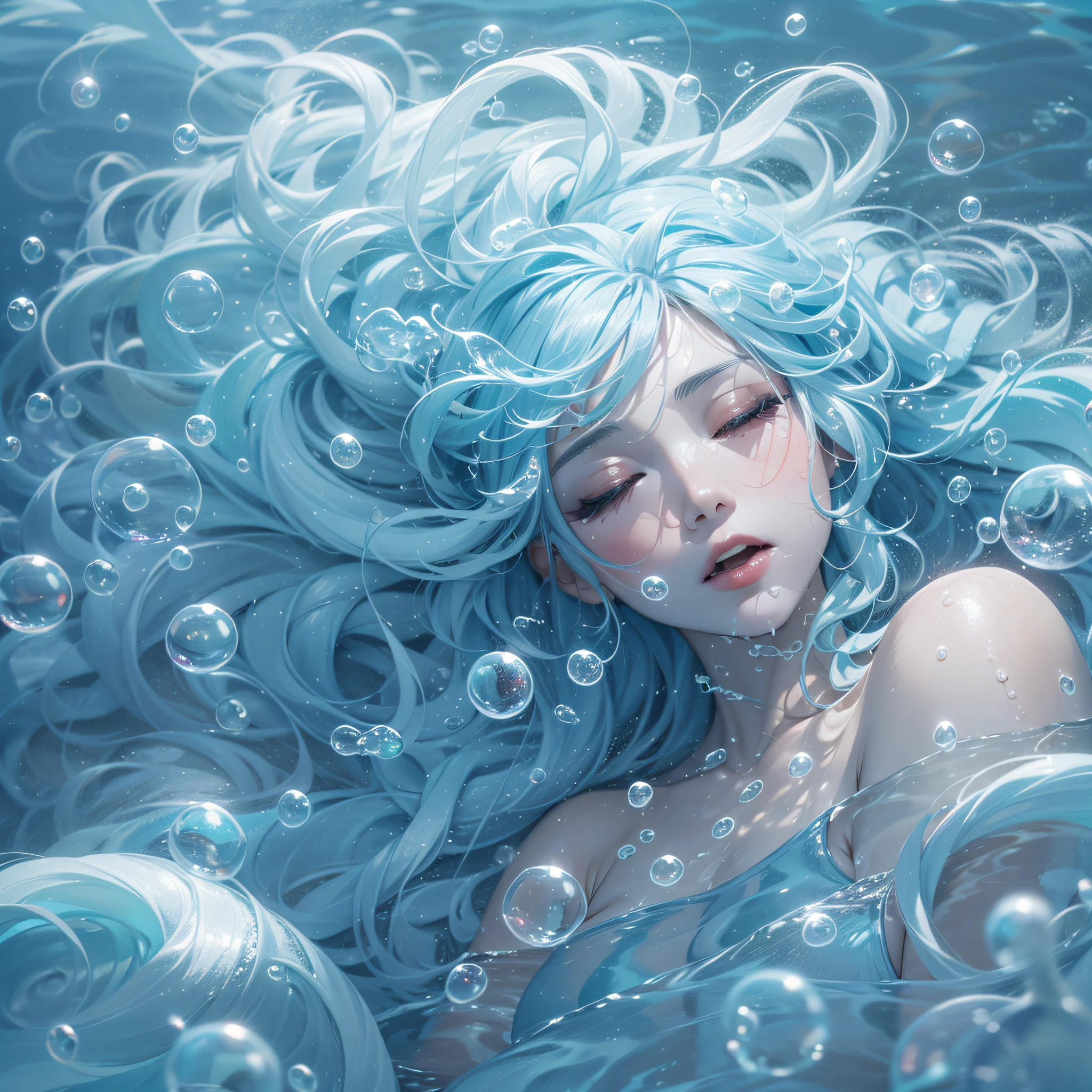 Beautiful water goddess with long light blue hair collapses on a bed of bubbles with sleepy eyes、​masterpiece、realisitic