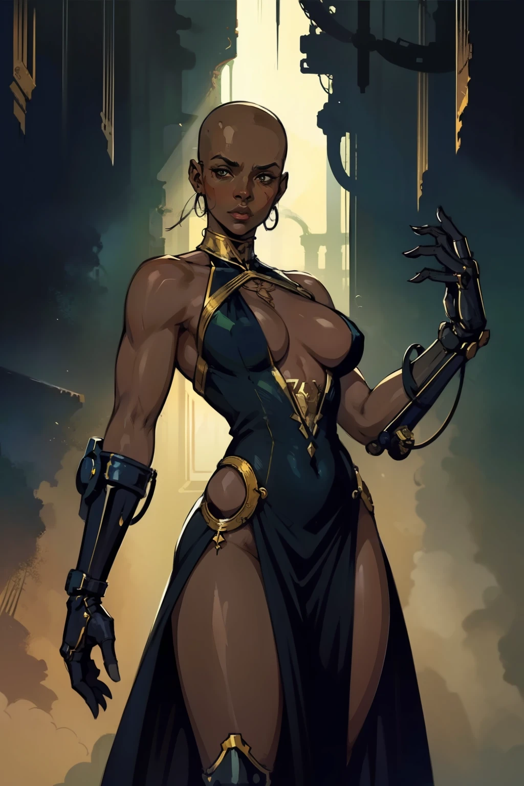 "Elegant female character with dark skin and sporting a bald head, wearing a revealing vintage modest dress and showcasing full mechanical arms. A masterpiece of the highest quality, embodying a vintage aesthetic."