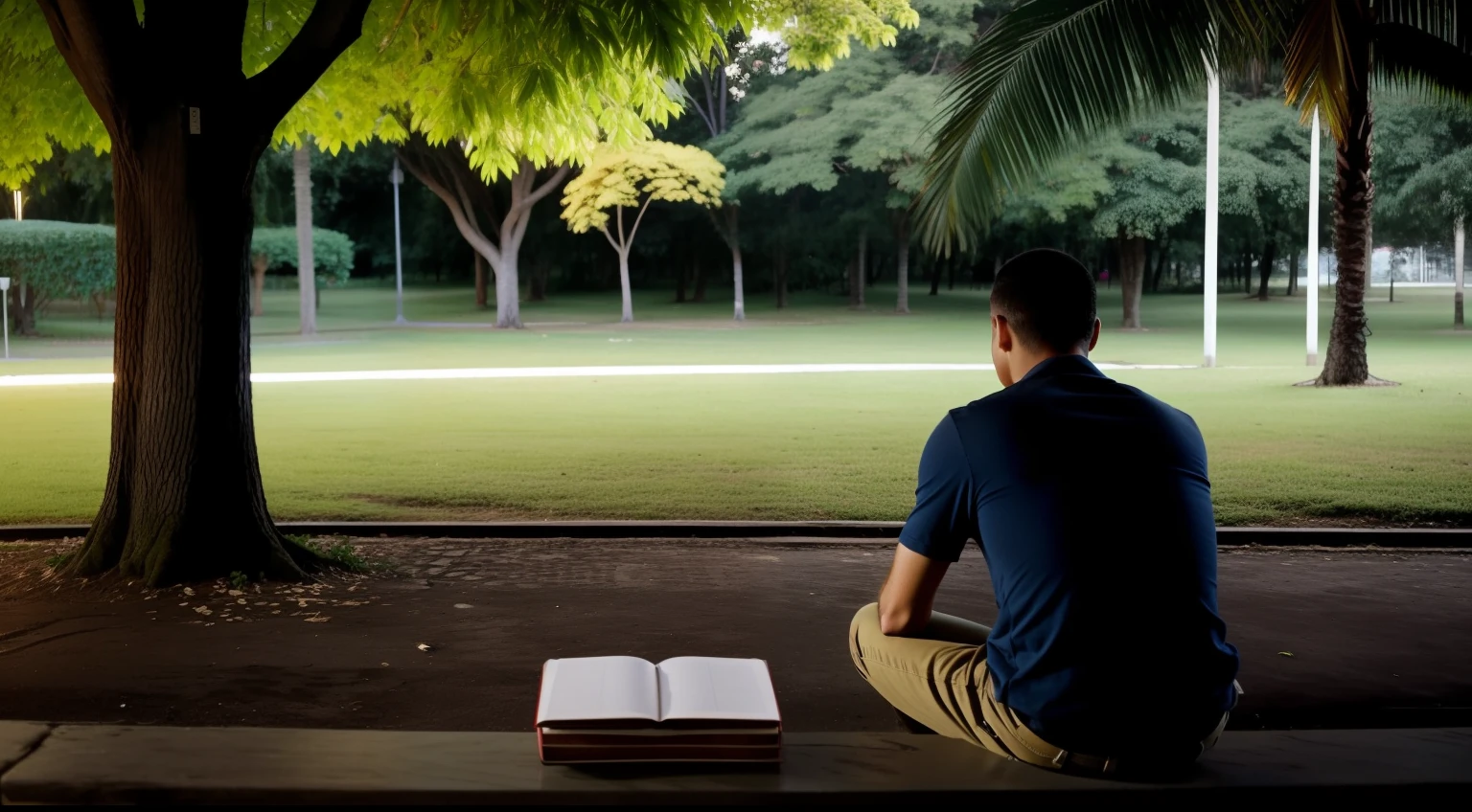 Cena do jovem sentado em um parque, contemplating the meaning of the words in the diary