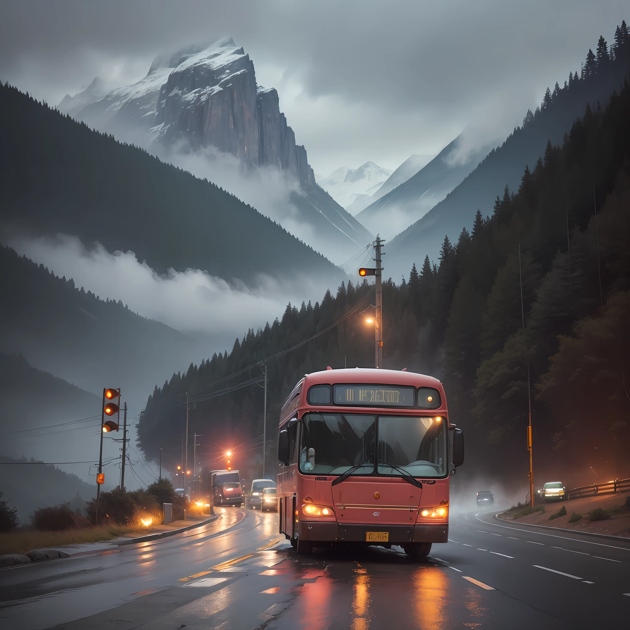 (((Capture a vivid and atmospheric image))) of a bus journeying west on curvy, rainy mountain roads. The windshield should be flashing pink, with the pink hues glancing off the metallic surface, creating a mesmerizing effect. The bus should have a dented flank of blue, beat-up enamel, showcasing its character and history. To enhance the sense of motion and dynamism, incorporate a subtle motion blur effect, capturing the bus as it navigates the winding roads. The rainy weather should add an additional layer of atmosphere and mood to the image. The overall composition should evoke a sense of adventure and anticipation as the bus ventures through the captivating mountain landscape. --auto