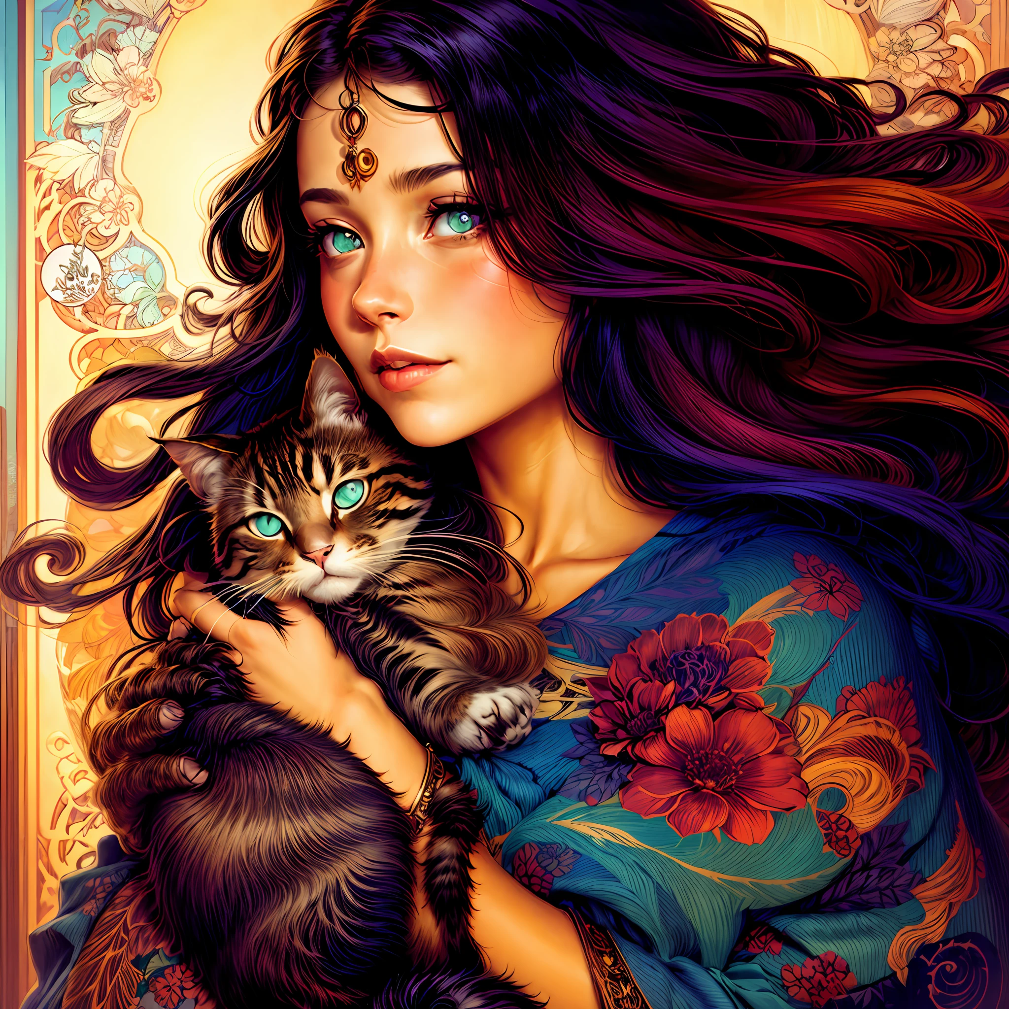 a close up of a woman holding a cat in her arms, alphonse mucha and alena aenami, jen bartel, woman and cat, mucha style 4k, artgerm mucha, in an art nouveau style, artgerm and alphonse mucha, by Jeremiah Ketner, nouveau painting, cyril rolando and m.w kaluta