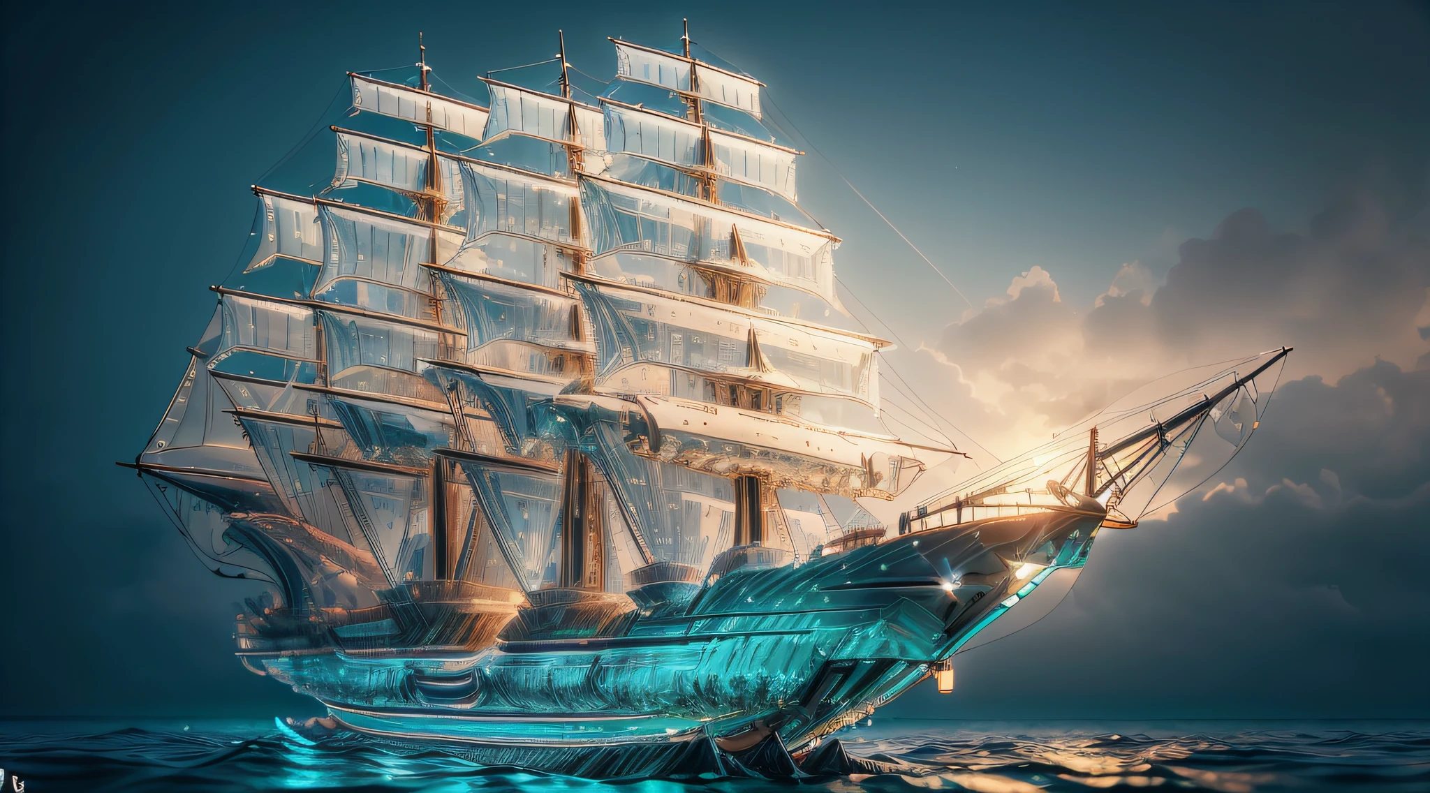"(escultura de cristal de alta qualidade, navio com grandes mastros, florestas, water, brilho, fantasia, incredible details, obra-prima, melhor qualidade, RTX, 4k, 8k)"