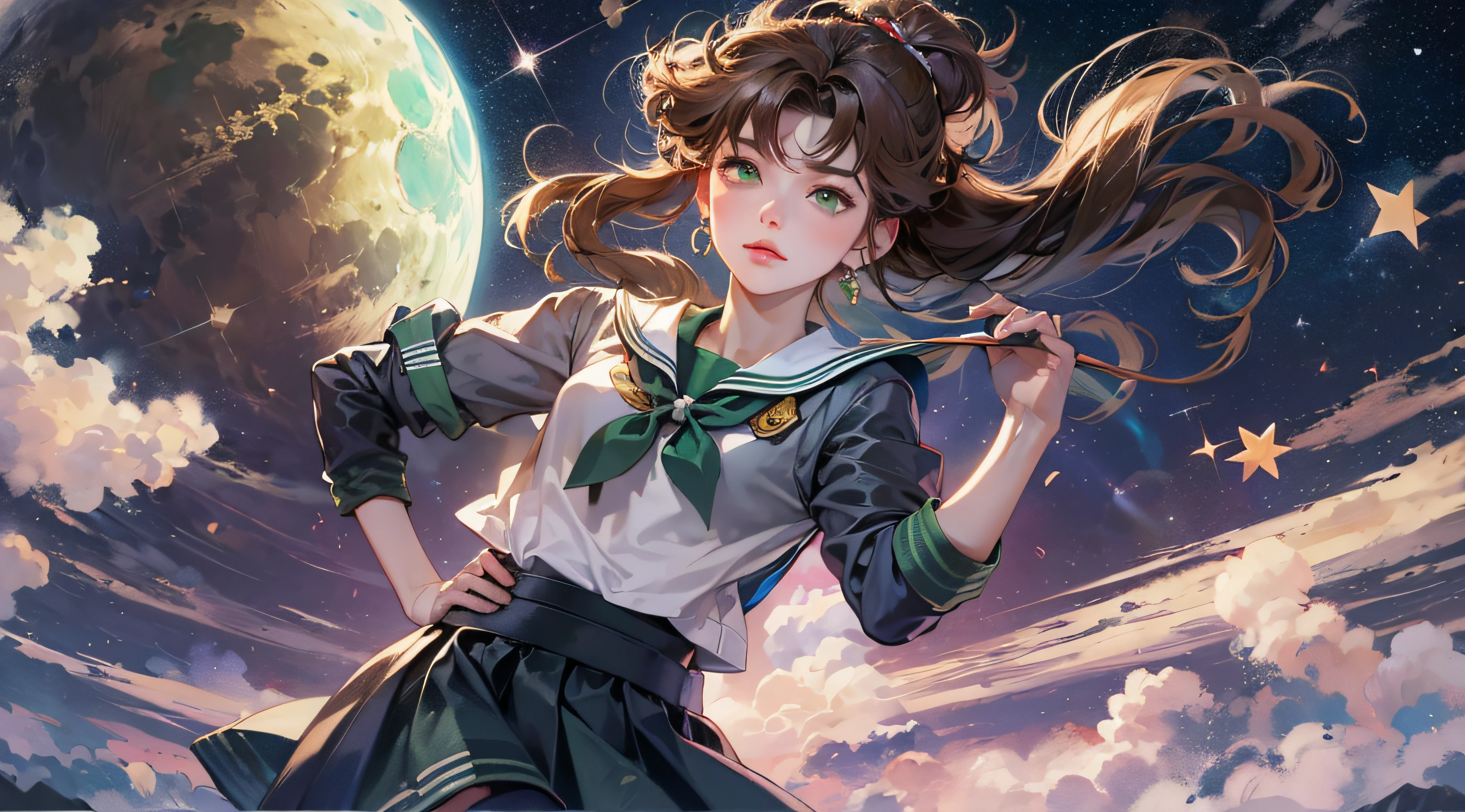 sailor jupiter, japanese school unifrom, seifuku, brown hair, green eyes, soothing tones, vibrant colors, high contrast, starry sky, moonlight, 1 girl