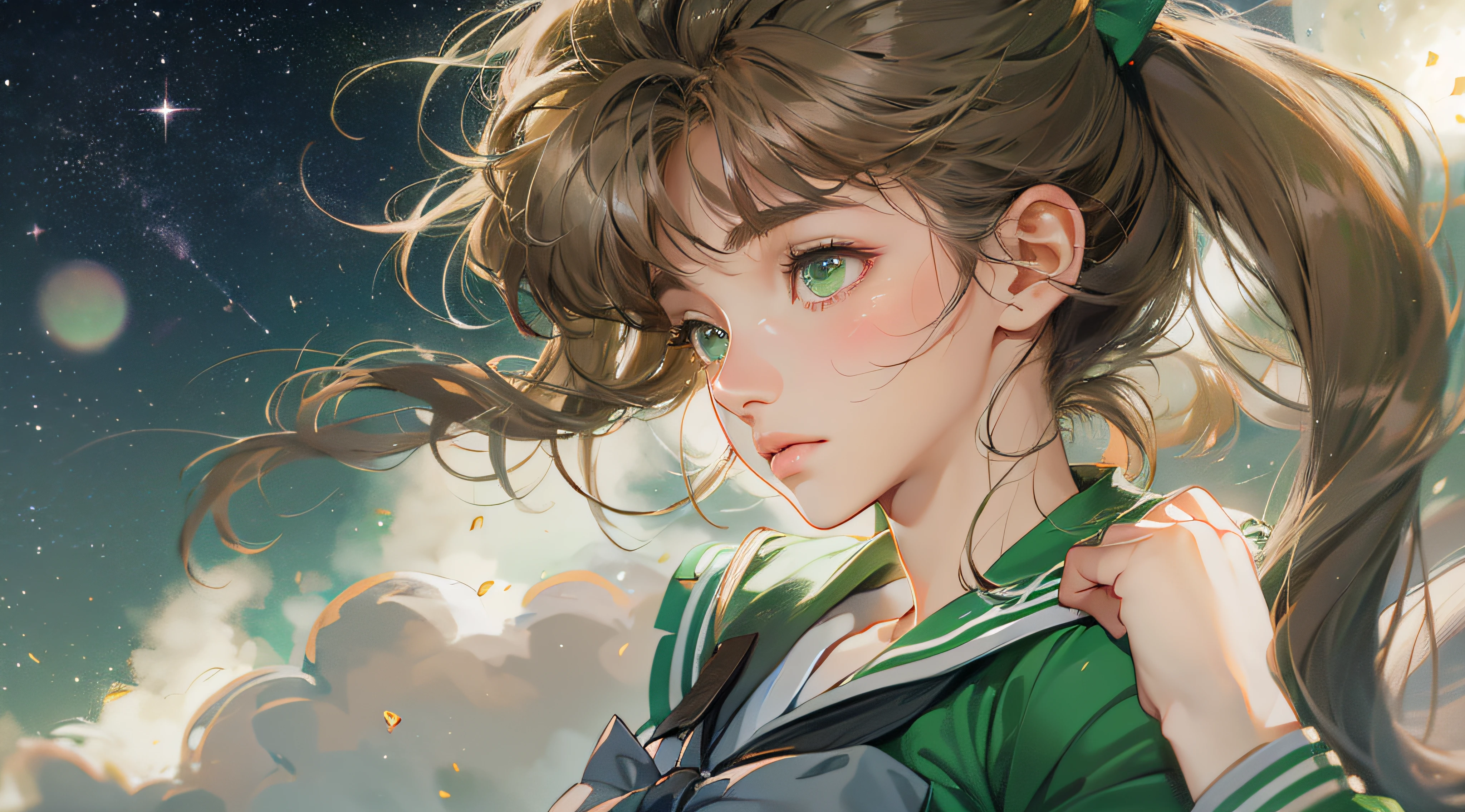 sailor jupiter, japanese school unifrom, seifuku, brown hair, green eyes, soothing tones, muted colors, high contrast, (natural skin texture, hyperrealism, soft light, sharp), starry sky, moonlight