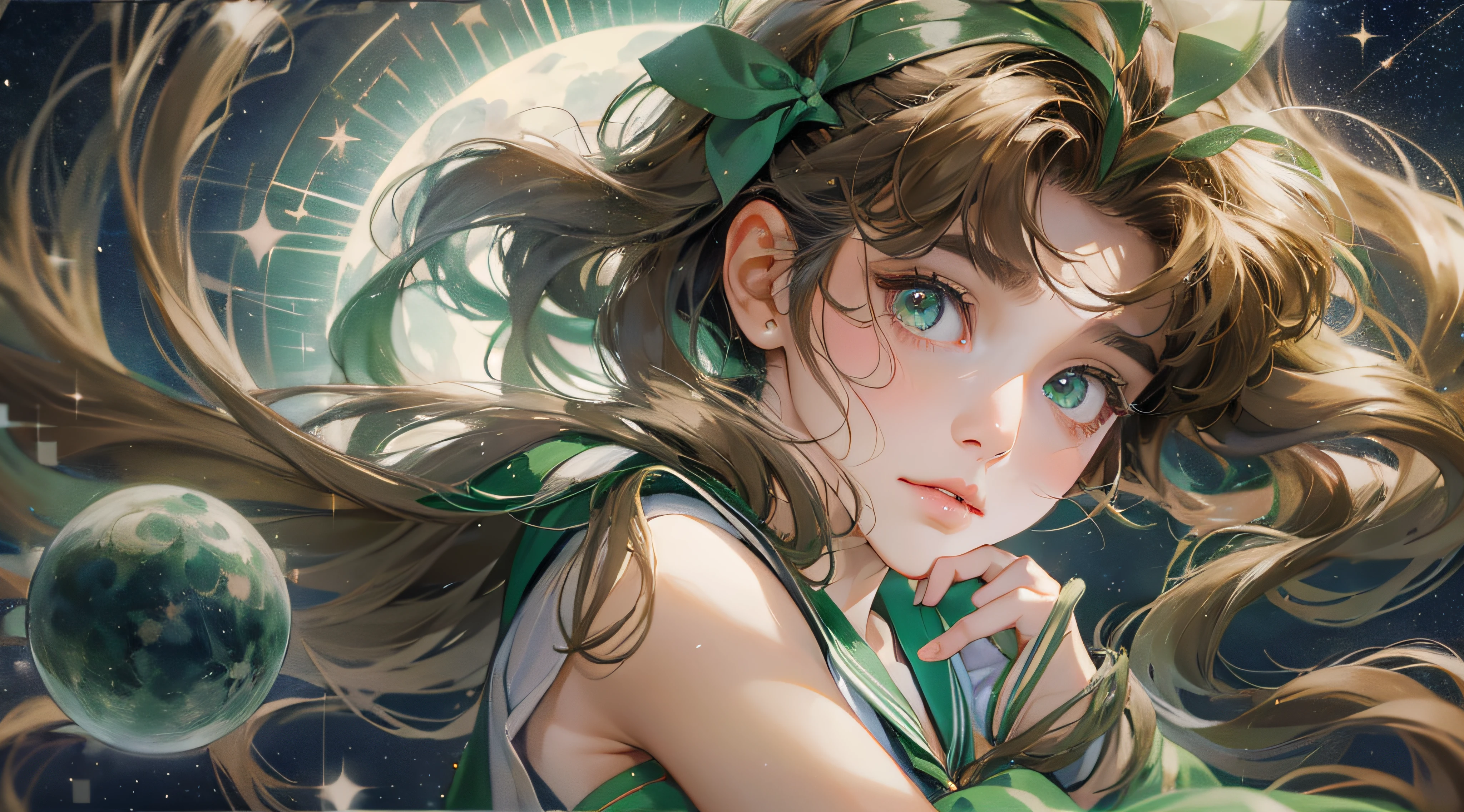 sailor jupiter, japanese school unifrom, seifuku, brown hair, green eyes, soothing tones, muted colors, high contrast, (natural skin texture, hyperrealism, soft light, sharp), starry sky, moonlight