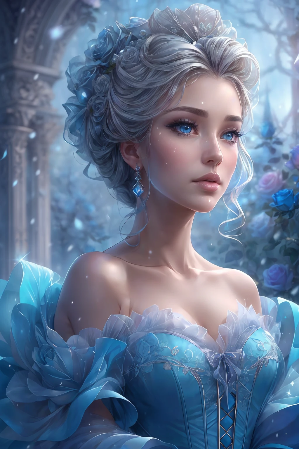 This is realistic (((fantasy))) artwork set in the frozen blue rose garden of an enchanted ice castle in winter and should consist of many shades of cold blue colors. It is snowing heavily. Generate a proud woman with a (((highly detailed face))) dressed in the billowing folds of a stunning French silk ballgown. The woman's elegant face is ((((highly detailed, with realistic features and soft, puffy lips.)))) The ballgown is embellished with ruffles, sashes, and bows and a delicately, but intricately, hand-embroidered bodice. The corset features silk ribbon. She is wearing Victorian royal winter outer clothes. The woman's stunning eyes are beautifully detailed, featuring realistic shading and multiple colors, and in high resolution. The woman is in a garden of eternal roses, each one beautifully formed and highly detailed. These realistic blue roses feature shimmering shades of light blue, dark blue, silver, and glimmering blue-purple. The eternal rose is a deep shade of periwinkle with shimmering iridescent overtones and undertones. Ensure that the woman's face, hair, and eyes are perfect. realism, high fantasy, whimsical fantasy, storybook fantasy, fairytale fantasy, fantasy details, enchanting, bewitching, 8k, hires, CGI, digital painting, unity, unreal engine, (((masterpiece))), intricate, elegant, highly detailed, majestic, digital photography, art by artgerm and ruan jia and Greg Rutkowski, (masterpiece, finely detailed beautiful eyes: 1.2), hdr, realistic skin texture, (((1woman))), (((solo))), Include a highly detailed face, extremely detailed face, and interesting background.