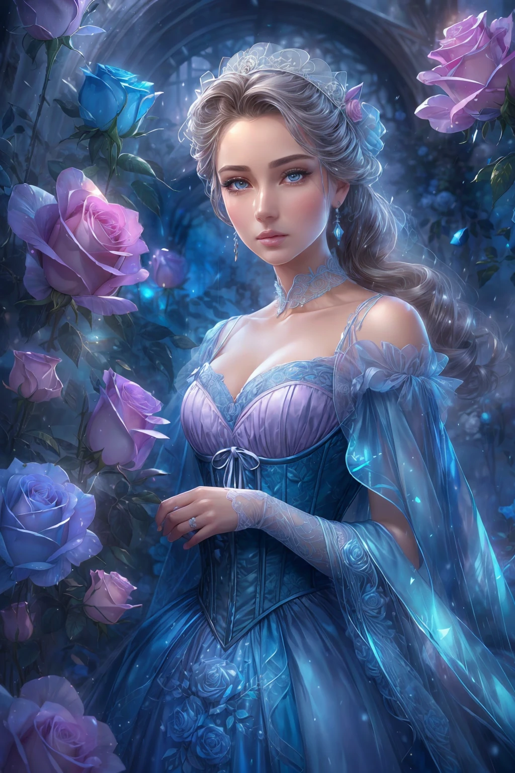 This is realistic (((fantasy))) artwork set in the frozen blue rose garden of an enchanted ice castle in winter and should consist of many shades of cold blue colors. It is snowing heavily. Generate a proud woman with a (((highly detailed face))) dressed in the billowing folds of a stunning French silk ballgown. The woman's elegant face is ((((highly detailed, with realistic features and soft, puffy lips.)))) The ballgown is embellished with ruffles, sashes, and bows and a delicately, but intricately, hand-embroidered bodice. The corset features silk ribbon. She is wearing Victorian royal winter outer clothes. The woman's stunning eyes are beautifully detailed, featuring realistic shading and multiple colors, and in high resolution. The woman is in a garden of eternal roses, each one beautifully formed and highly detailed. These realistic blue roses feature shimmering shades of light blue, dark blue, silver, and glimmering blue-purple. The eternal rose is a deep shade of periwinkle with shimmering iridescent overtones and undertones. Ensure that the woman's face, hair, and eyes are perfect. realism, high fantasy, whimsical fantasy, storybook fantasy, fairytale fantasy, fantasy details, enchanting, bewitching, 8k, hires, CGI, digital painting, unity, unreal engine, (((masterpiece))), intricate, elegant, highly detailed, majestic, digital photography, art by artgerm and ruan jia and Greg Rutkowski, (masterpiece, finely detailed beautiful eyes: 1.2), hdr, realistic skin texture, (((1woman))), (((solo))), Include a highly detailed face, extremely detailed face, and interesting background.