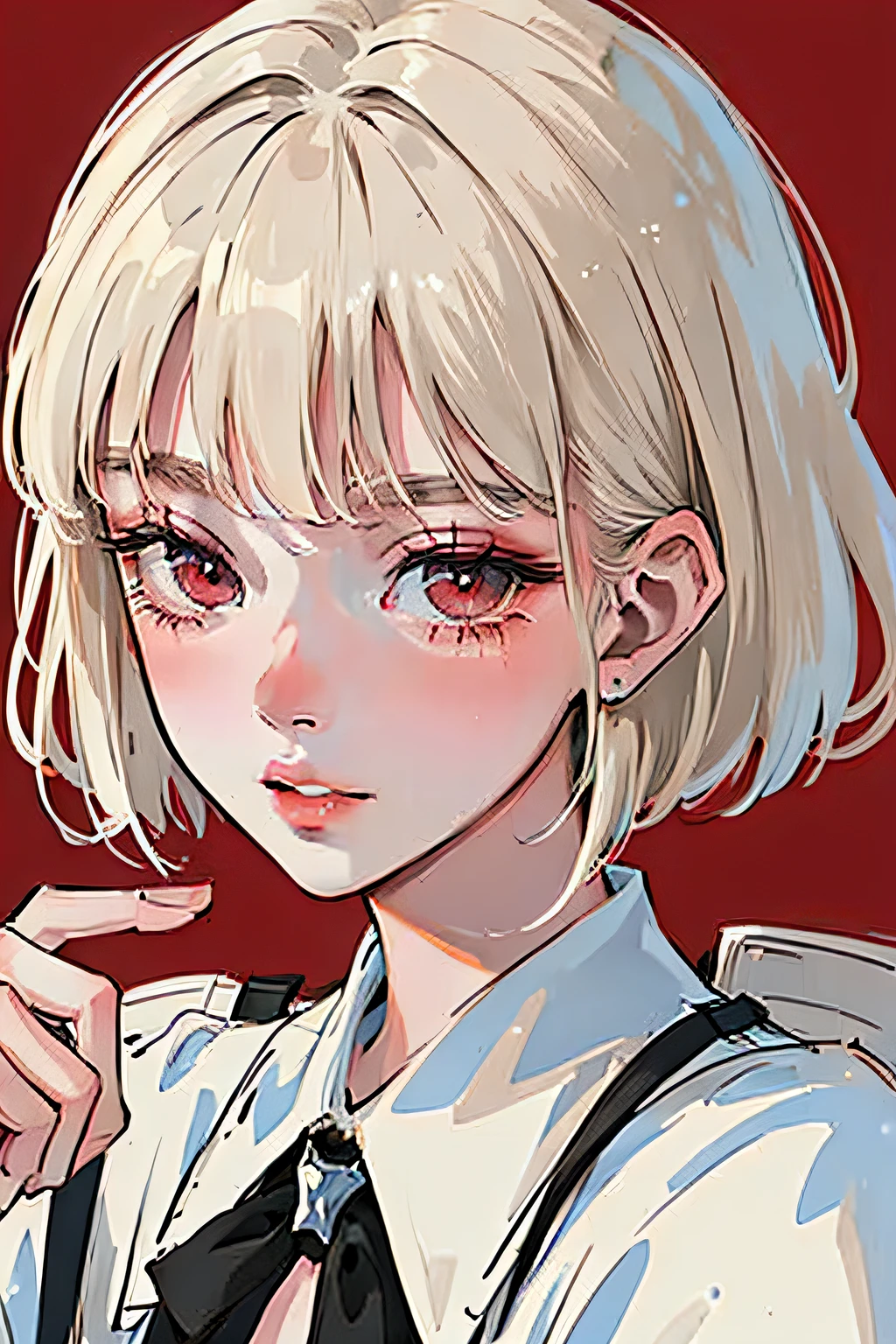 (Portrait:1.4), (masterpiece:1.2, best quality:1.2), bottom up, full body, 1 white short haired girl, solo, Looking down, face focus, extreme face detailed, cold eyes, extremely detailed eyes, good looking, makeup, finger on lips, red eyes, thin, slim, white feather jacket, black tights, scenery, ( at the cafe)