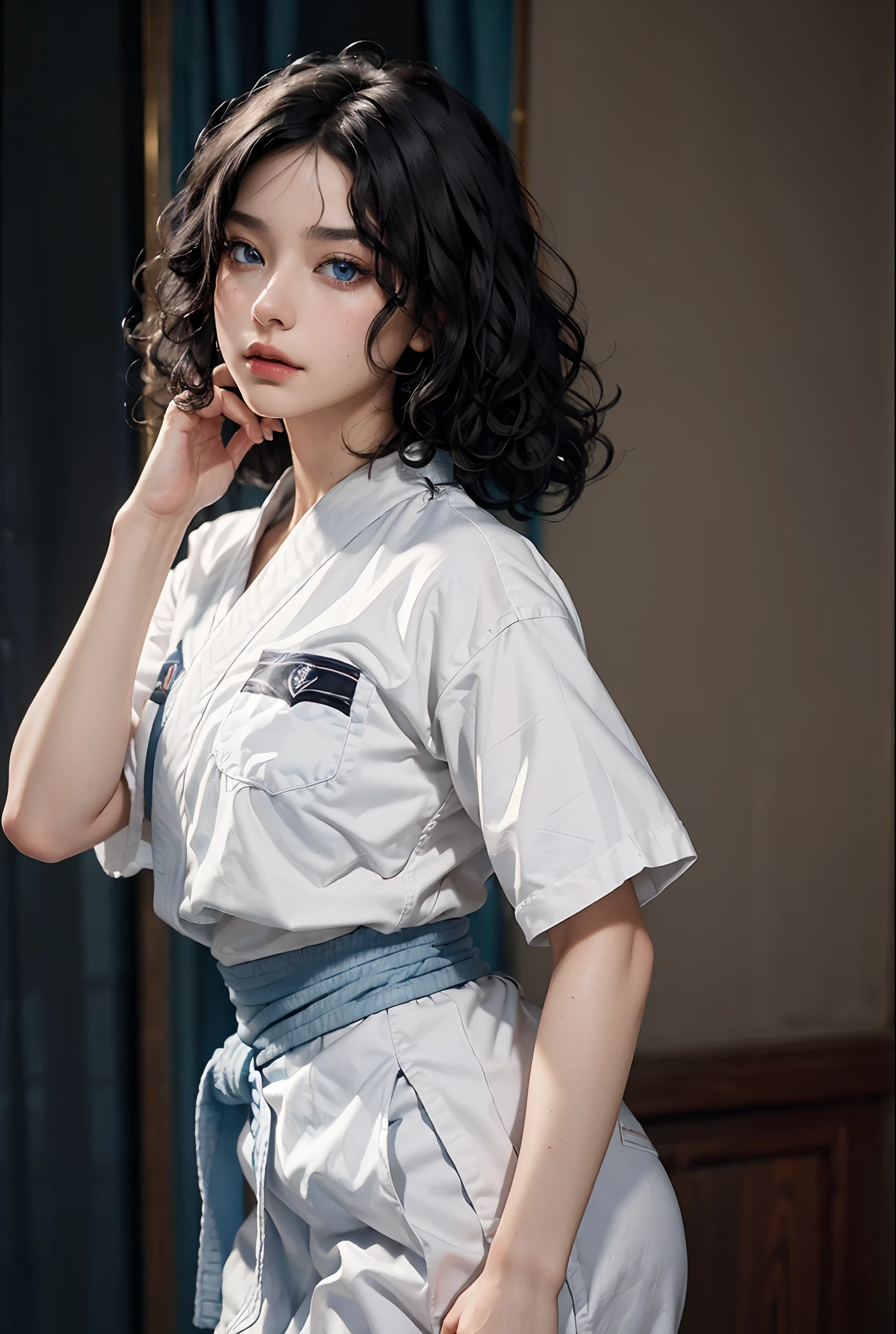 ( masterpiece, top quality, best quality, official art, Beauty and Aesthetics,8k,girl,ultra detailed:1.5),girl,(photorealistic:1.4),(black hair:1.5),(daytime:1.2),In the martial arts room:1.5, cinematic lighting,PerfectNwsjMajic, Surrealism, UHD, ccurate, Super detail, textured skin,High detail,Best quality,White skin,Beautiful blue eyes,[flat chest:large breasts:0.5],(adults),(good anatomy:0.5)),(short wavy,bob:1.4),( white karate uniform),