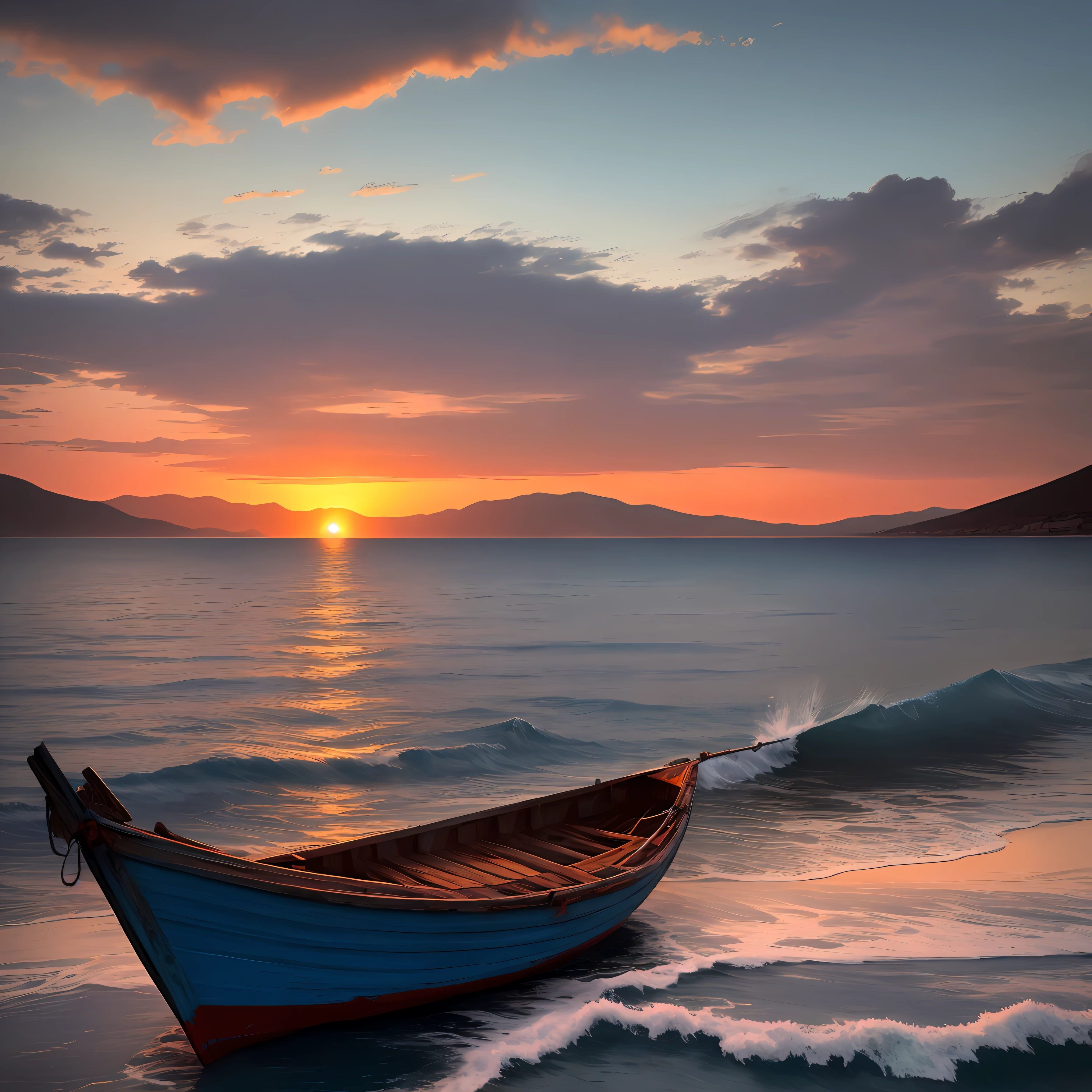 A blue sea with an old boat at the sunset near by Africa