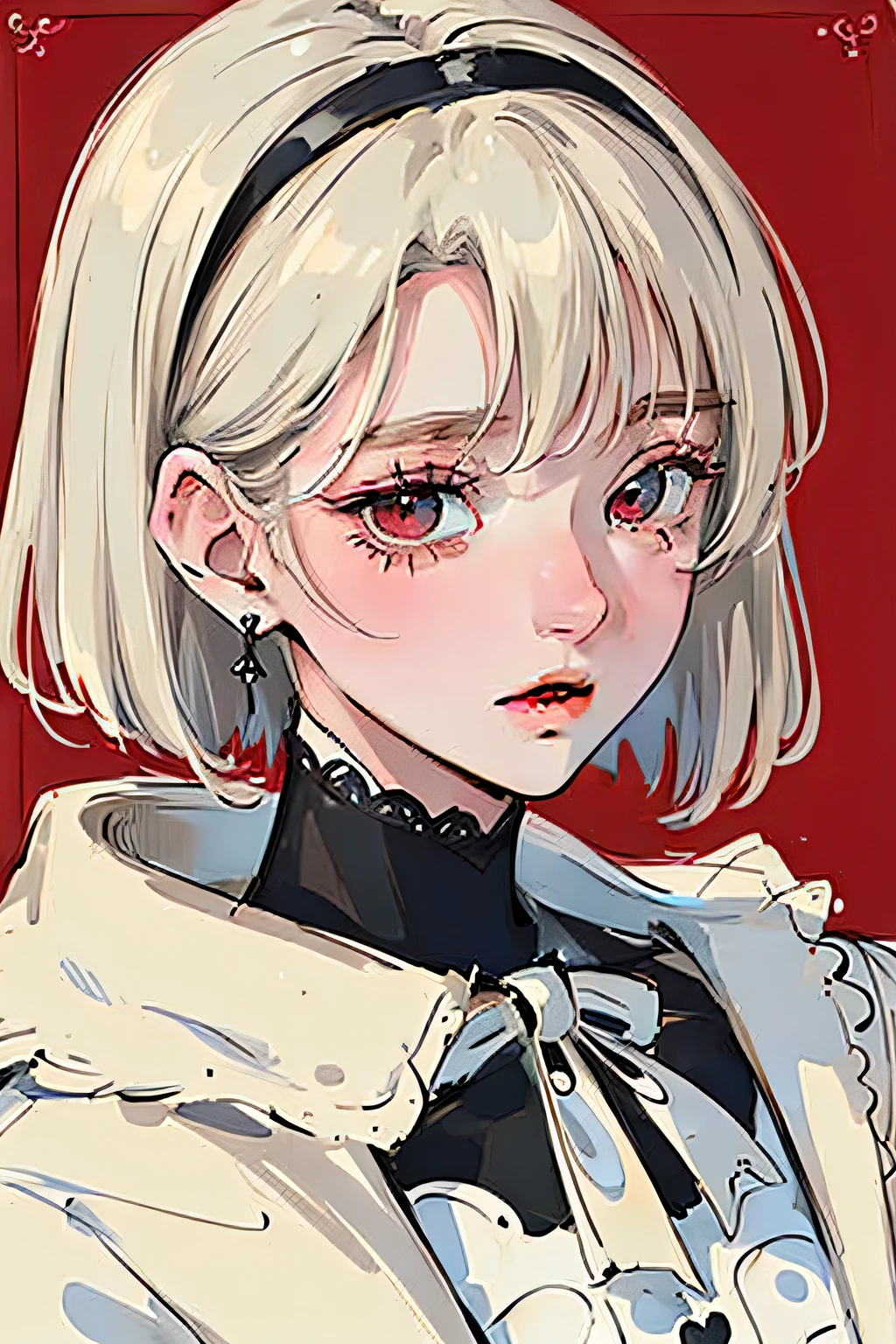 (Portrait:1.4), (masterpiece:1.2, best quality:1.2), bottom up, full body, 1 white short haired girl, solo, Looking down, face focus, extreme face detailed, cool eyes, extremely detailed eyes, good looking, makeup, finger on lips, red eyes, thin, slim, white fur coat, black tights, earrings, (frame) scene at the cafe)