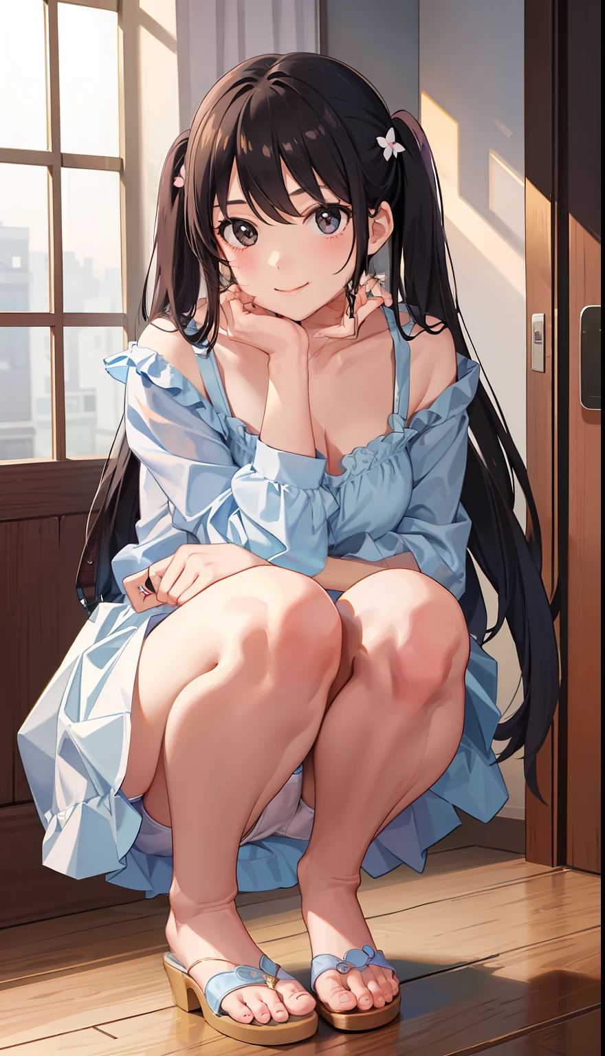 1girl in、A smile、Underwear、Cute underwear、Upper body portrait、Squatting panchira、
