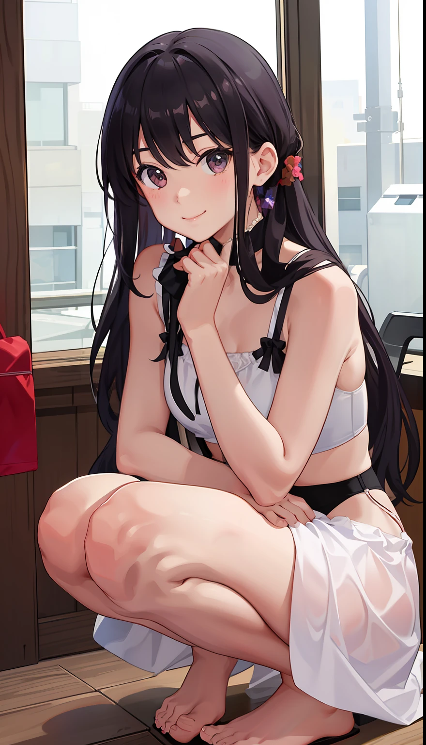 1girl in、A smile、Underwear、Cute underwear、Upper body portrait、Squatting panchira、