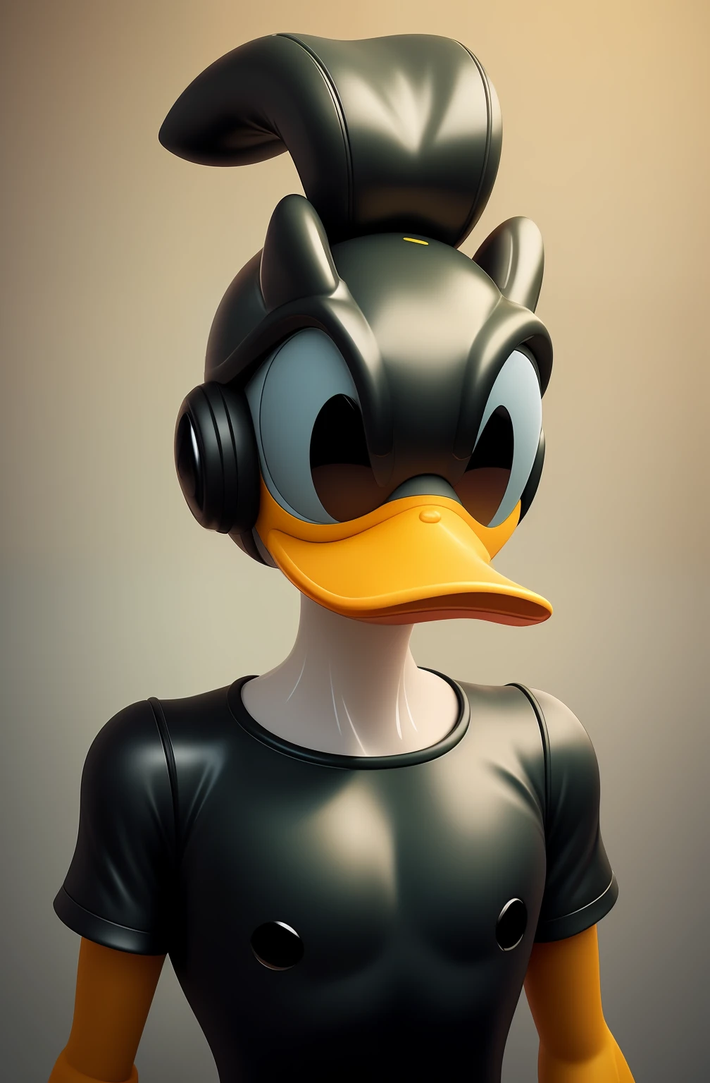 um close up de um pato de brinquedo com uma camisa verde  e fones de ouvido, robot duck concept portrait, Iconic character of high detail, retrato conceito do pato da fantasia, Patolino, Pato Donald, Pato Donald na vida real, inspired by Jacob Duck, olhar :: octan render, pato, feito com zbrush, desenho animado altamente detalhado, 3 d character render, colored zbrush render