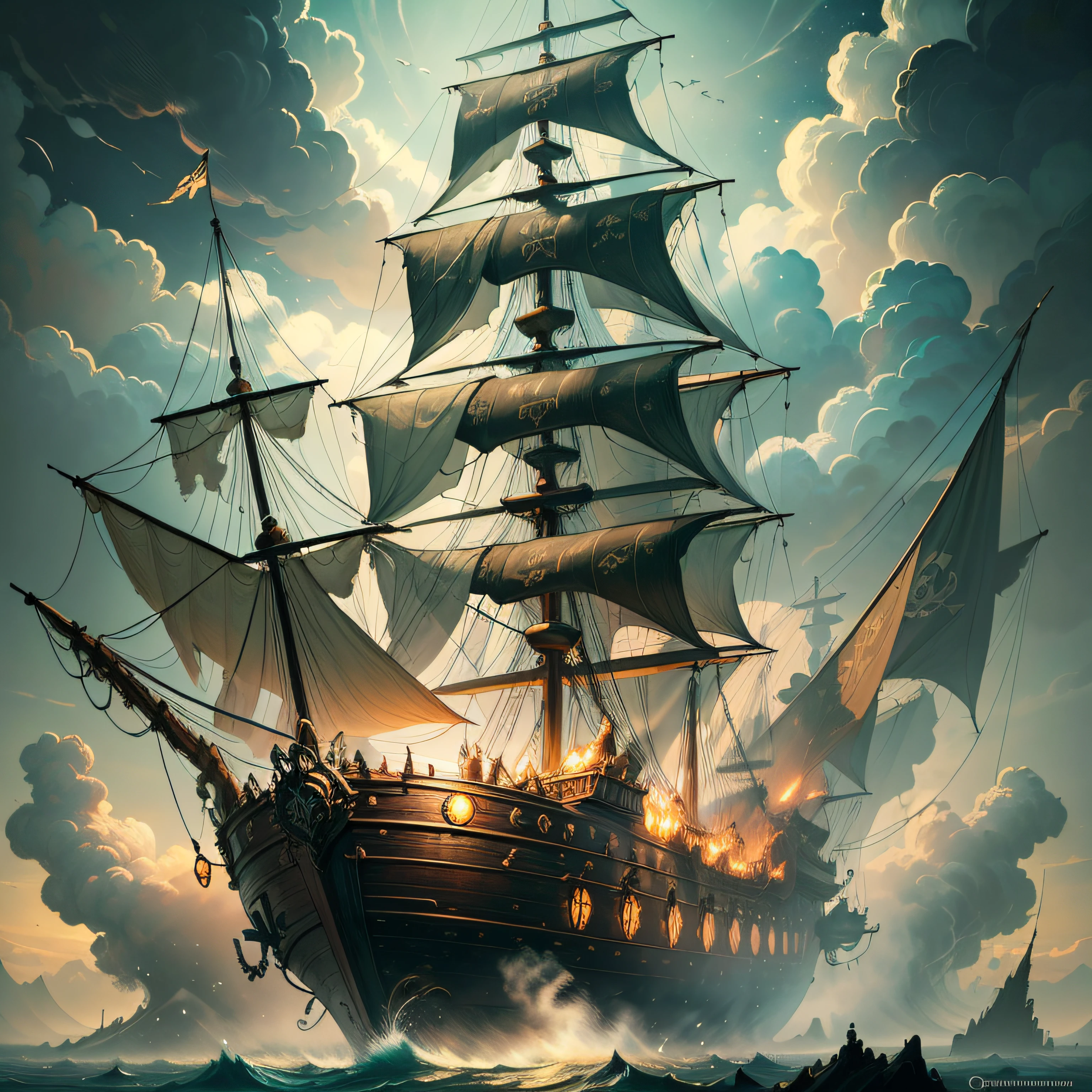 A painting of a flying pirate ship surrounded by mist, nuvens, lua, estrelas ao fundo, fantasia, arte digital altamente detalhada em 4K, arte detalhada de alta qualidade em 8k, no estilo de Cyril Rolando, arte digital de fantasia detalhada, Epic Fantasy Science Fiction Illustration, paper awesome wallpaper, inspirado em Gaston Bussiere