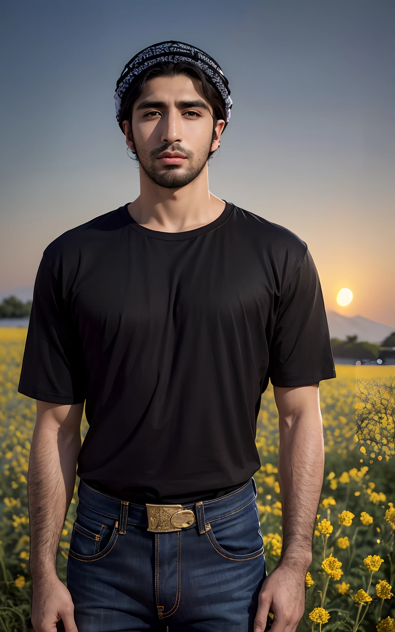 (RAW photo, best quality, highest quality, masterpiece:1.2), (realistic, photo-realistic:1.37), ultra high res, (1 boy, middle eastern handsome:2.0), (summer night sunset:1.3), (black round neck plain Tee-shirt, blue jeans:1.3), (standing in flower field:1.4), (focus face:1.3), (high contrast:1.1), (detailed background:1.3), dynamic pose, intricate detail, delicate pattern, (vibrant, colorful:1.3), (high sharpness), middle eastern guy, fashion posing, short black hairstyle.