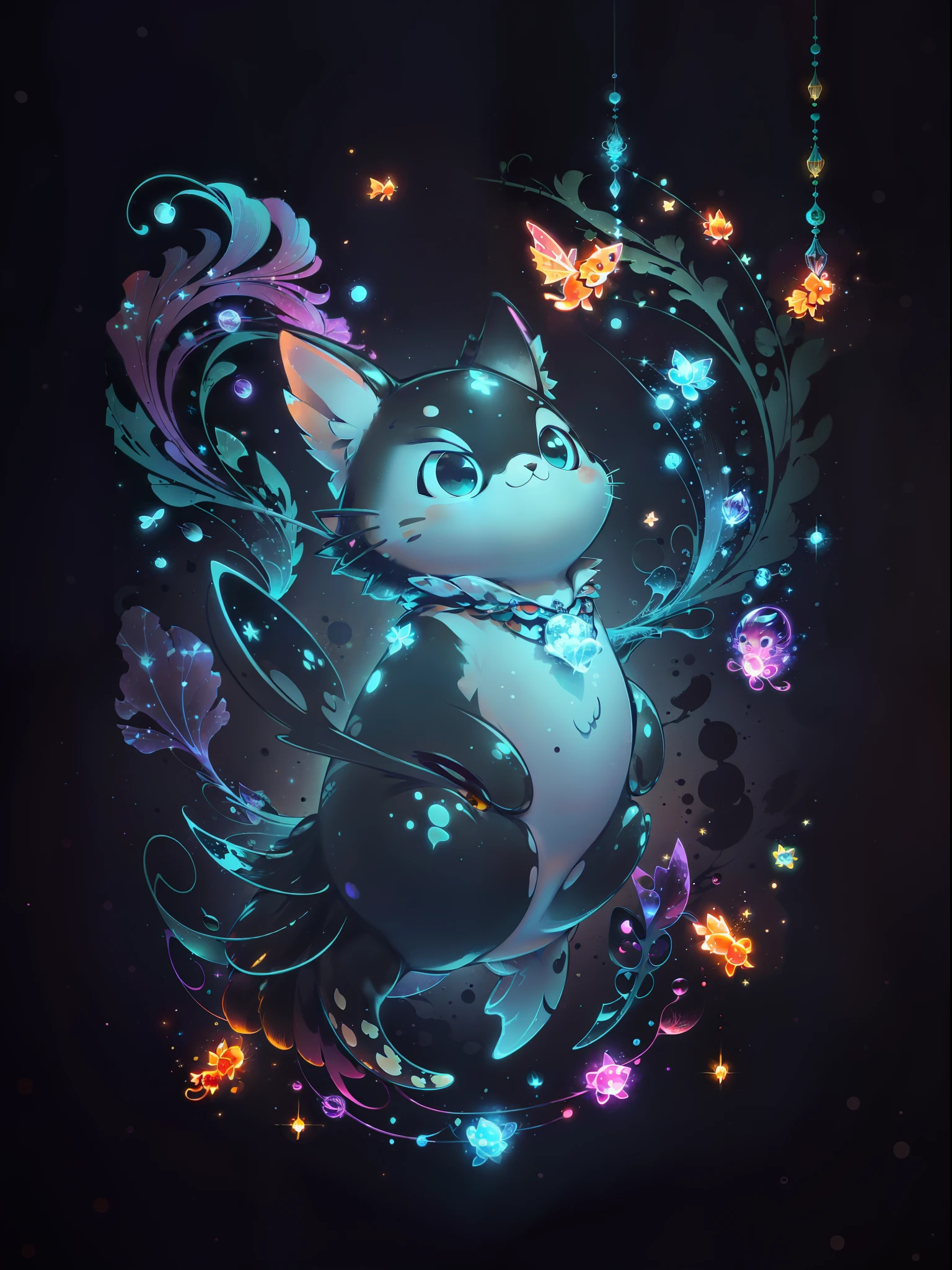 (((tmasterpiece))), 4k resolution, higly detailed, hiquality, hight resolution, ultradetailed, 8K, beste-Qualit, Cute cat hung beautifully in the air, among glowing fish and crystals, Fireflies, Magic Light, Neon