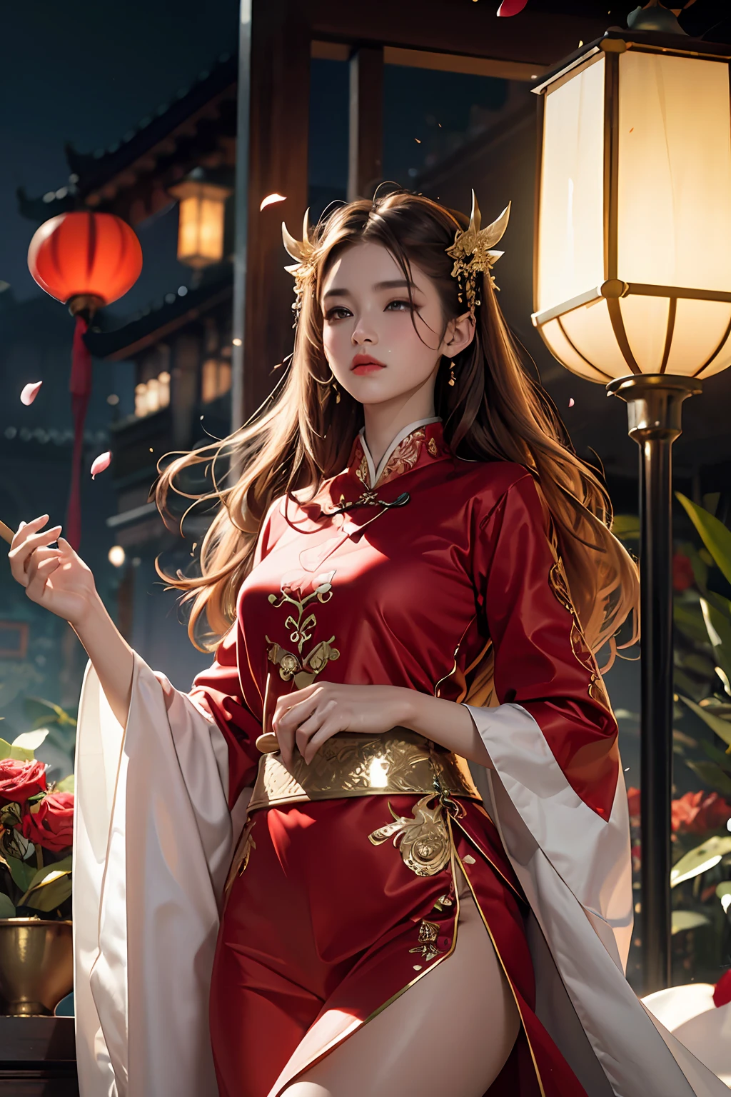 best quality, masterpiece, highres, (exquisite body:1.5),gorgeous face,(milky skin:1.3),intricate details,high resolution,wallpaper,
1girl, solo, dress, hair ornament, (((gold and red dress))), flowers, long hair, brown hair, closed mouth, jewelry, long sleeves, hand up, wide sleeves, big eyes,floating hair, chinese clothes, hanfu, embroidery, long skirt, natural pose, falling petals, indoor,fanning, lantern,
16K,HDR,highres,depth field,(film grain:1.1),boken,golden hour,(lens flare),vignette,rainbowing,(color grading:1.5)