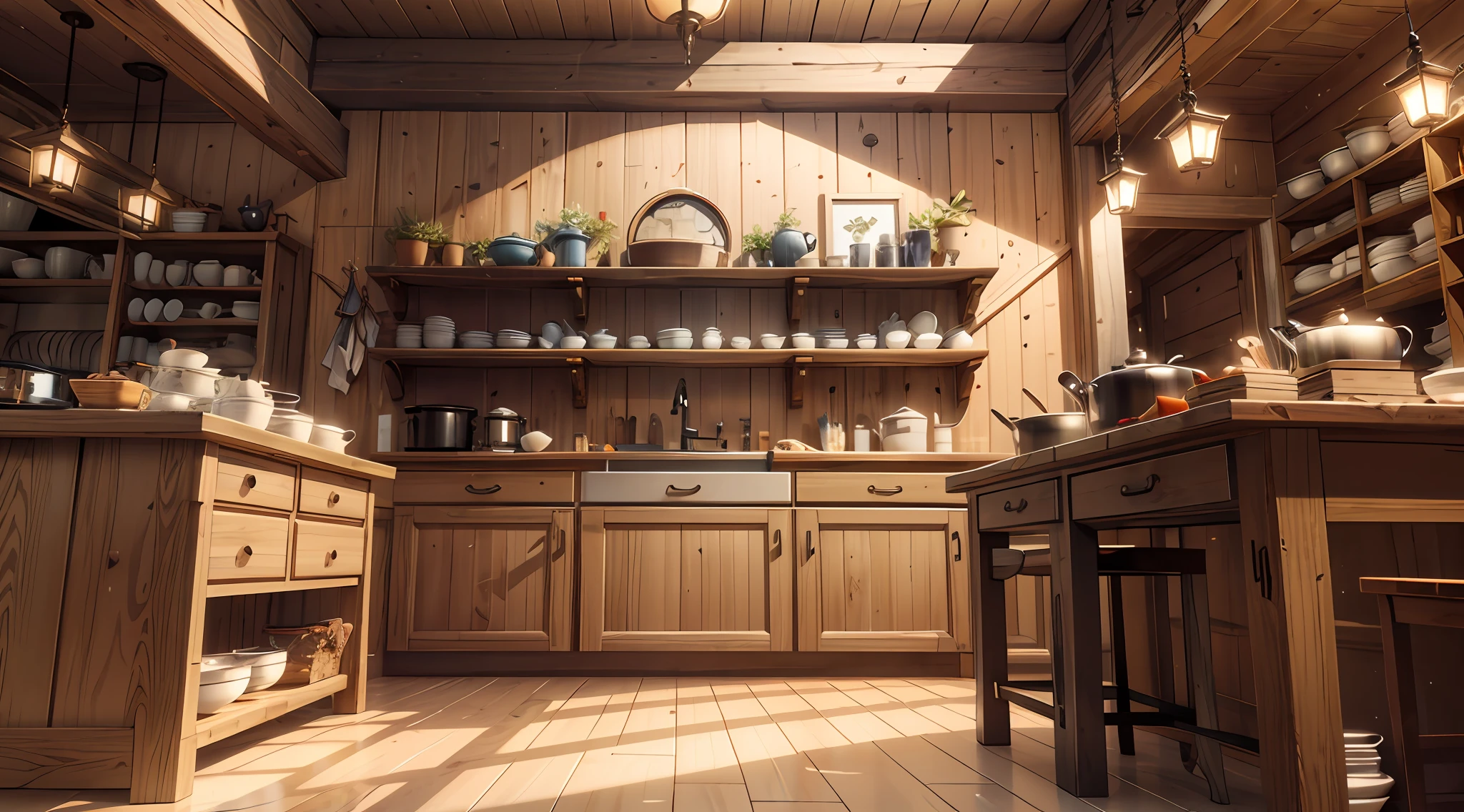 There is a kitchen with wooden cabinets and shelves with dishes., Oblique view of old kitchen background, rendered in the unreal engine」, rendered in the unreal engine, rendered in unreal engine 3, rendered in unreal engine 5, rendered in Unreal 5, rendered in the unreal engine, rendered in unreal engine 3d, rendered in unreal engine 6, Old kitchen background