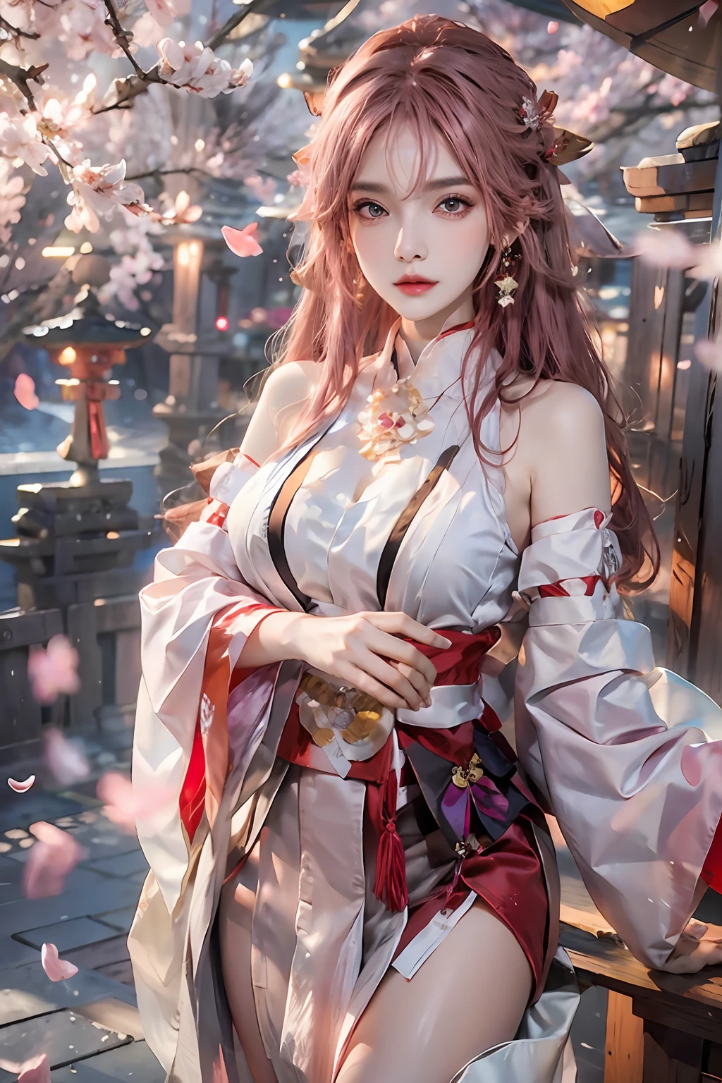 photorealistic, high resolution, 1women, solo, hips up, look at viewer, yae miko, large breasts, , cleavage,detached sleeves, bare shoulders, pink hair, long hair, open clothes, best quality, (hair ornament:1.35), jewelry, purple eyes, earrings, torii, cherry blossoms, lantern light, depth of field, detailed face, face focus, ribbon_trim, nontraditional miko, shiny skin, long sleeves