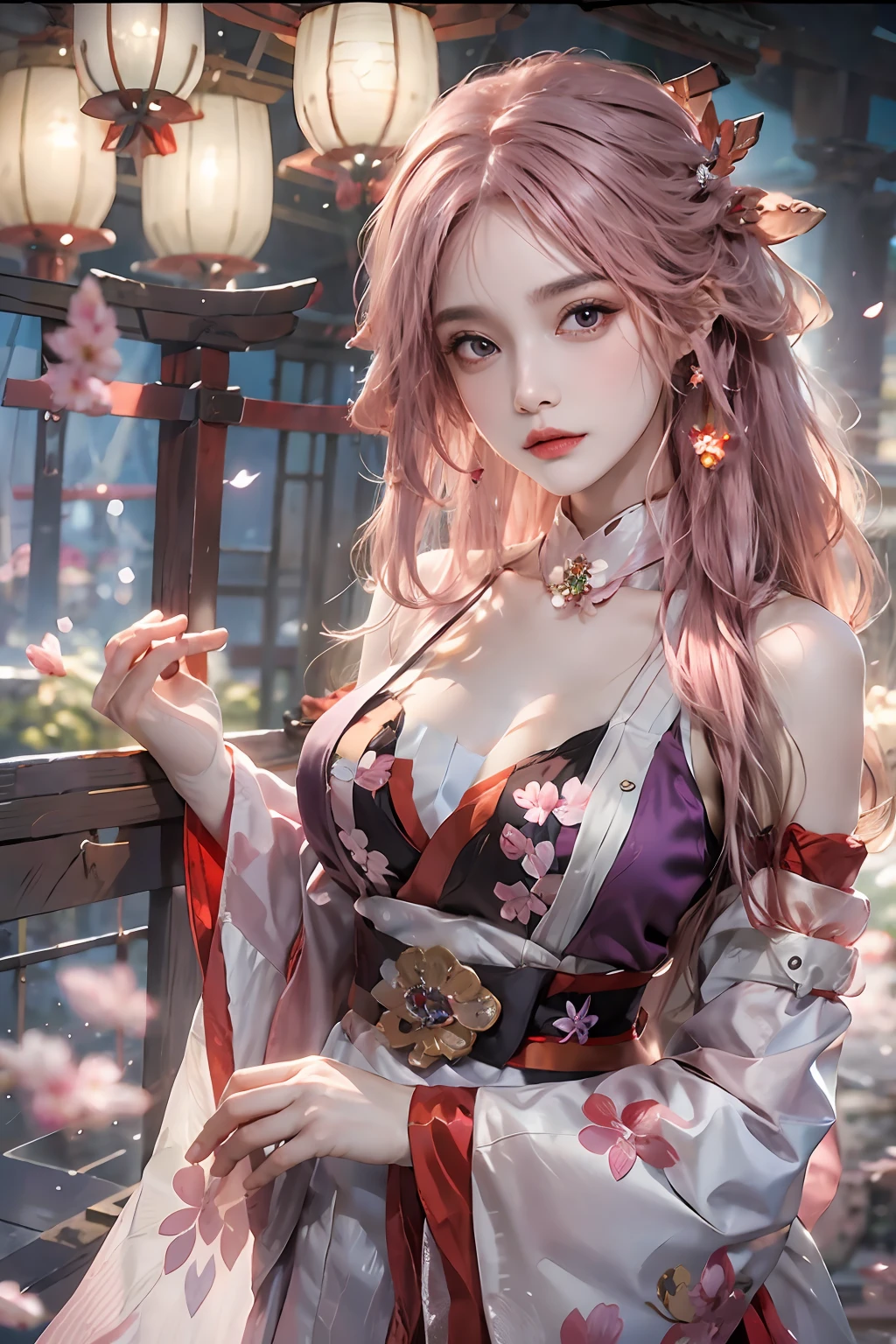 photorealistic, high resolution, 1women, solo, hips up, look at viewer, yae miko, large breasts, , cleavage,detached sleeves, bare shoulders, pink hair, long hair, open clothes, best quality, (hair ornament:1.35), jewelry, purple eyes, earrings, torii, cherry blossoms, lantern light, depth of field, detailed face, face focus, ribbon_trim, nontraditional miko, shiny skin, long sleeves