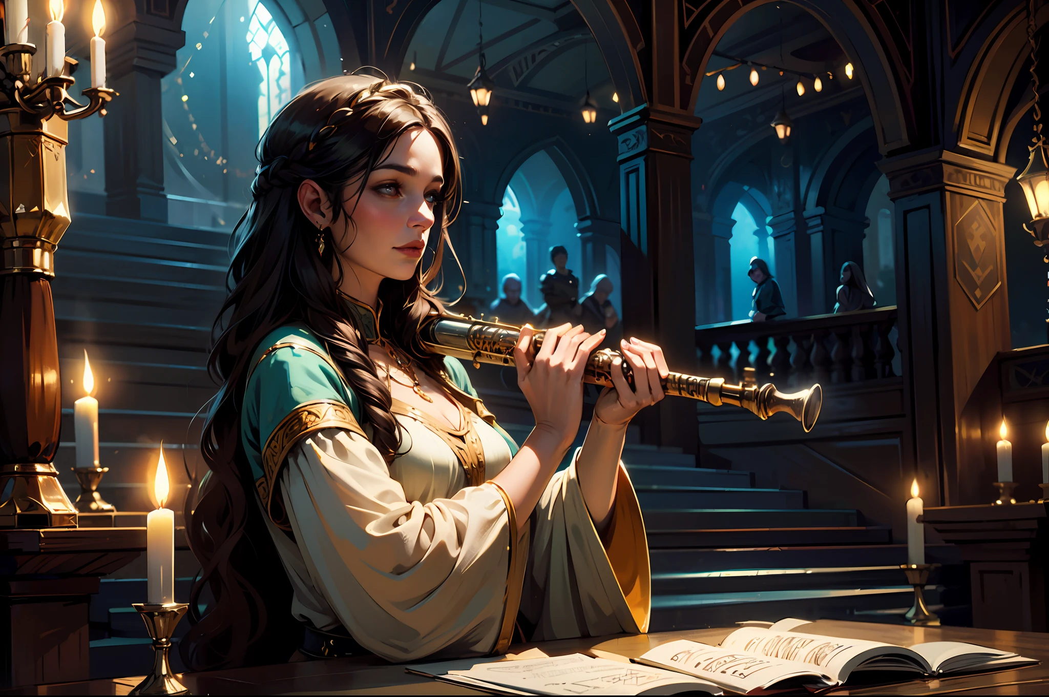 high details, best quality, 8k, [ultra detailed], masterpiece, best quality, (extremely detailed), dynamic angle, ultra wide shot, photorealistic (intricate details, Masterpiece, best quality: 1.5), fantasy art, dnd art, rpg art, realistic art, an ultra wide picture of bard playing the flute in fantasy setting tavern and enchanting the audience , full body, a human female (intense details, Masterpiece, best quality: 1.5) fantasy bard, fantasy enchanter,  playing a flute and enchanting people with magical song, colorful clothes, dynamic clothing, epic beautiful female bard (intense details, Masterpiece, best quality: 1.5), dynamic hair, long hair, wavy hair, tavern full of crowd, many people (intense details, Masterpiece, best quality: 1.5), bard playing flute and enchanting audience  (intense details, Masterpiece, best quality: 1.5), candles lights, fantasy chandelier, magical notes, magical runes in the air Rune_Magic (intense details, Masterpiece, best quality: 1.5)