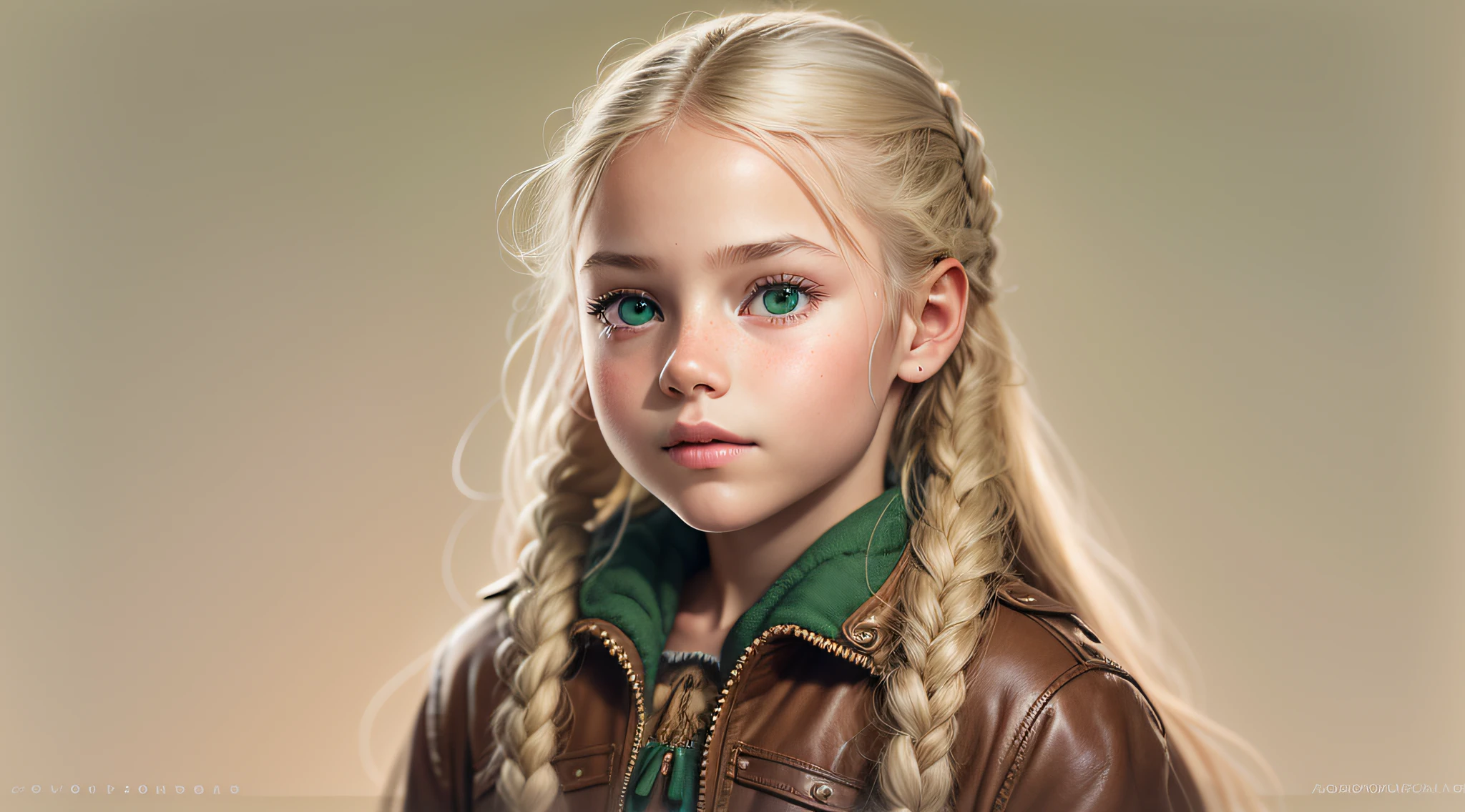 girl CHILD , Russian blonde in braids, retrato, com roupa de jaqueta de couro E VELAS ACESSAS, green --auto --s2