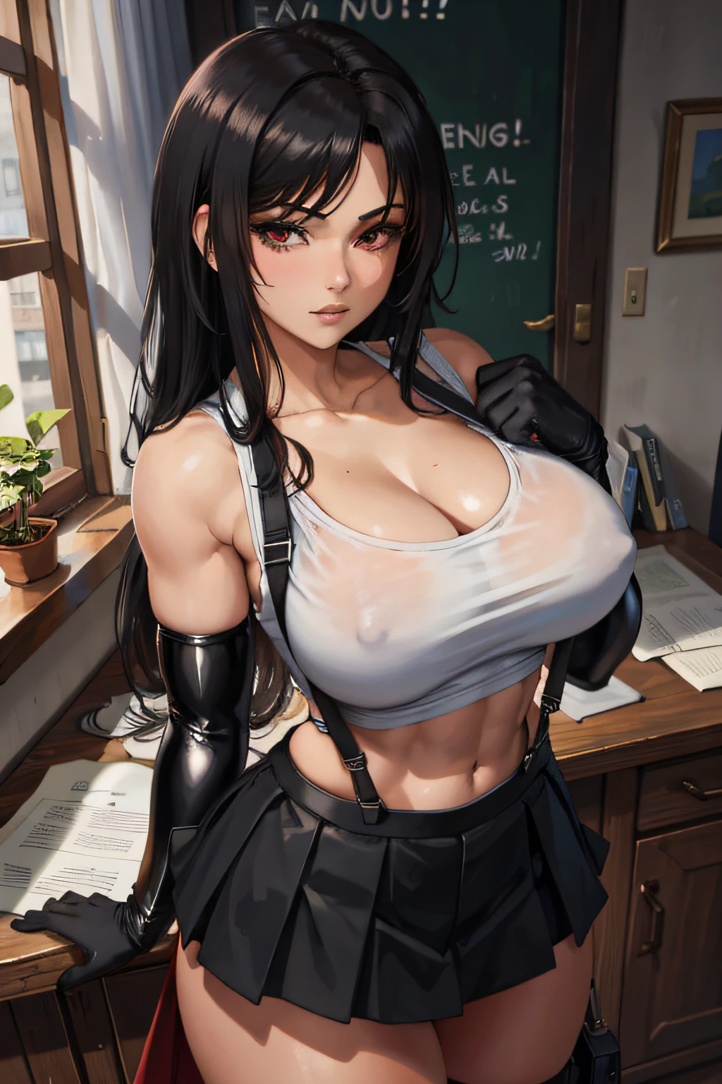 8k,masterpiece, bset quality,big, (1 girl), tifa lockhart, red_eyes, black hair, long hair, professional lighting, (shiny skin: 1.2), shiny big, ((best quality)), sharp focus: 1.2, highly detailed face and skin texture, detailed eyes, perfect face, perfect body, blur art, cg, background, Big breasts, presence (20yo, mature cool and beautiful face), wearing ((suspender black skirt), black elbow gloves, white taut shirt, thigh, white tank top), blush, (mittgal), random pose, top view,