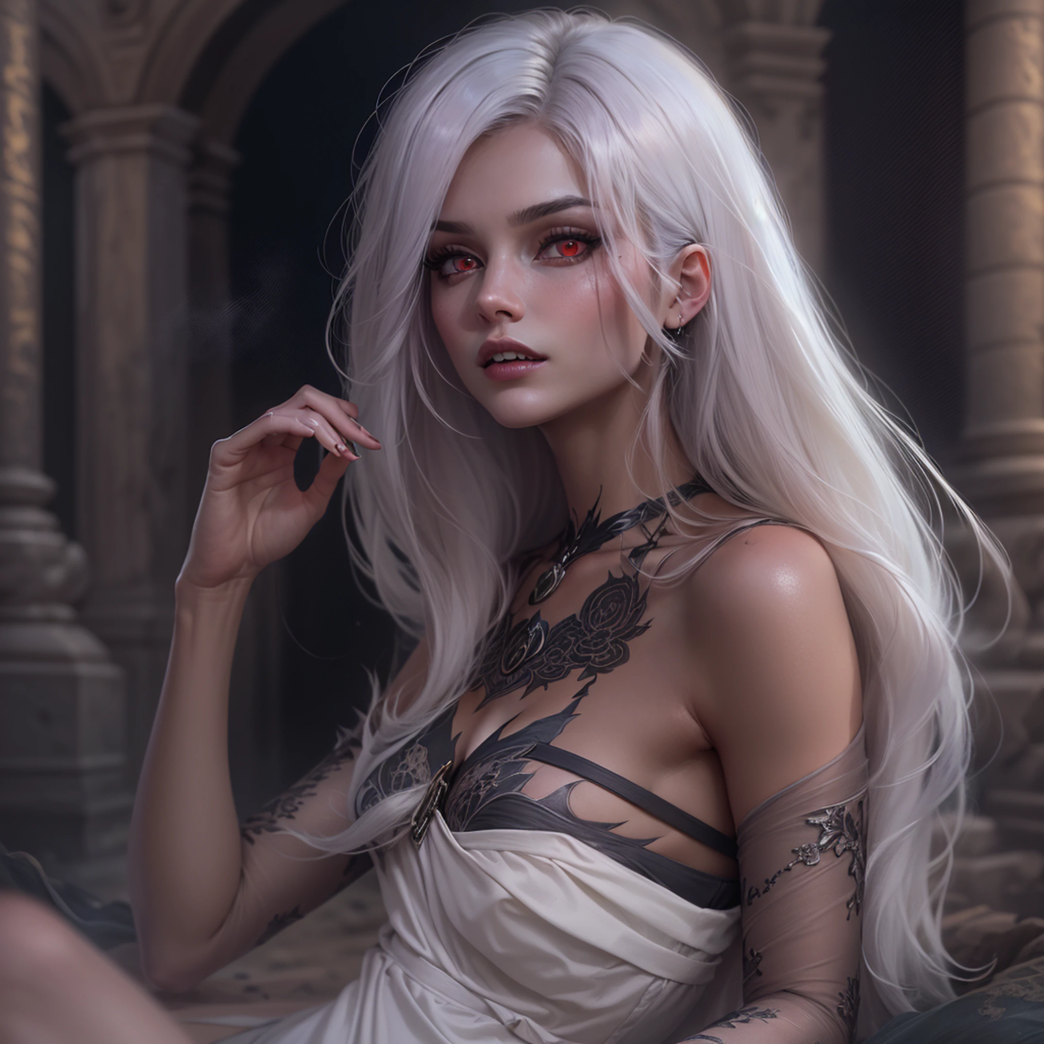 wearing black tight clothing, attractive cat girl, Kylie Jenner(catwoman), (Best Quality:1.4), (Raw photo:1.2), ((Long hair)), White windbreaker, lucy heartfilia, Yukata, plein air, show teeth, Photorealistic:1.4, Beautiful, Spread legs, fingers spreading open, Official Art, masutepiece, hands behind head, Short-haired beauty dressed in sci-fi style military uniform, Blue and yellow accents, ((character concept art)), Ultra-detailed, extremely detailed eye and face, nffsw, (Cinematic lighting:1.5), (Numerous award-winning masterpieces, with incredible detail, textures and maximum detail), (hyper realistic:1.4), (realistic:1.3), (upper body up:0.4), (best quality real texture skin), ((five perfect and beautiful fingers)), (finely detailed true circle Symmetrical eyes), (finely Detailed and beautiful face:1.6), ((finely detailed face)), (Pale but beautiful face:1.6), (Full body image:1.7), (Vampire nobility:1.6), (Vampire royalty:1.6), (bio luminescent red eyes), (A pair of red eyes with strong red light emitting from within:1.7), (Two thick, long, sharp canine teeth protruding from the lips:1.6), (An old dress of subdued dark colors covering the entire body Quite damaged but elegant and delicately made:1.8), ((only have two arms)), (elegant and luxuriously crafted accessories:1.3), ((Less skin exposure)), (Anatomically correct limbs and physique:1.4), (medieval furnishings with elegant and delicate carvings: 1.3), ((dramatic photo)), ((cinematic light)), (Full-length portrait:1.7), (looks up), (looking down), (dramatic pose), (smoke effects and bewitching light), beautiful white hair, beautiful silver hair, beautiful blonde hair, Wind Effects, (Drifting purple smoke: 1.3), Ruins of an old castle, ((Royal Underground Tombs)), Deserted ruins, ((Dark nights, full moon nights, new moon nights)), epic realistic, ((neutral colors)), (hdr:1.5), (muted colors:1.2), hyper detailed, cinematic, warm lights, dramatic light, (intricate details:1.1), complex background,