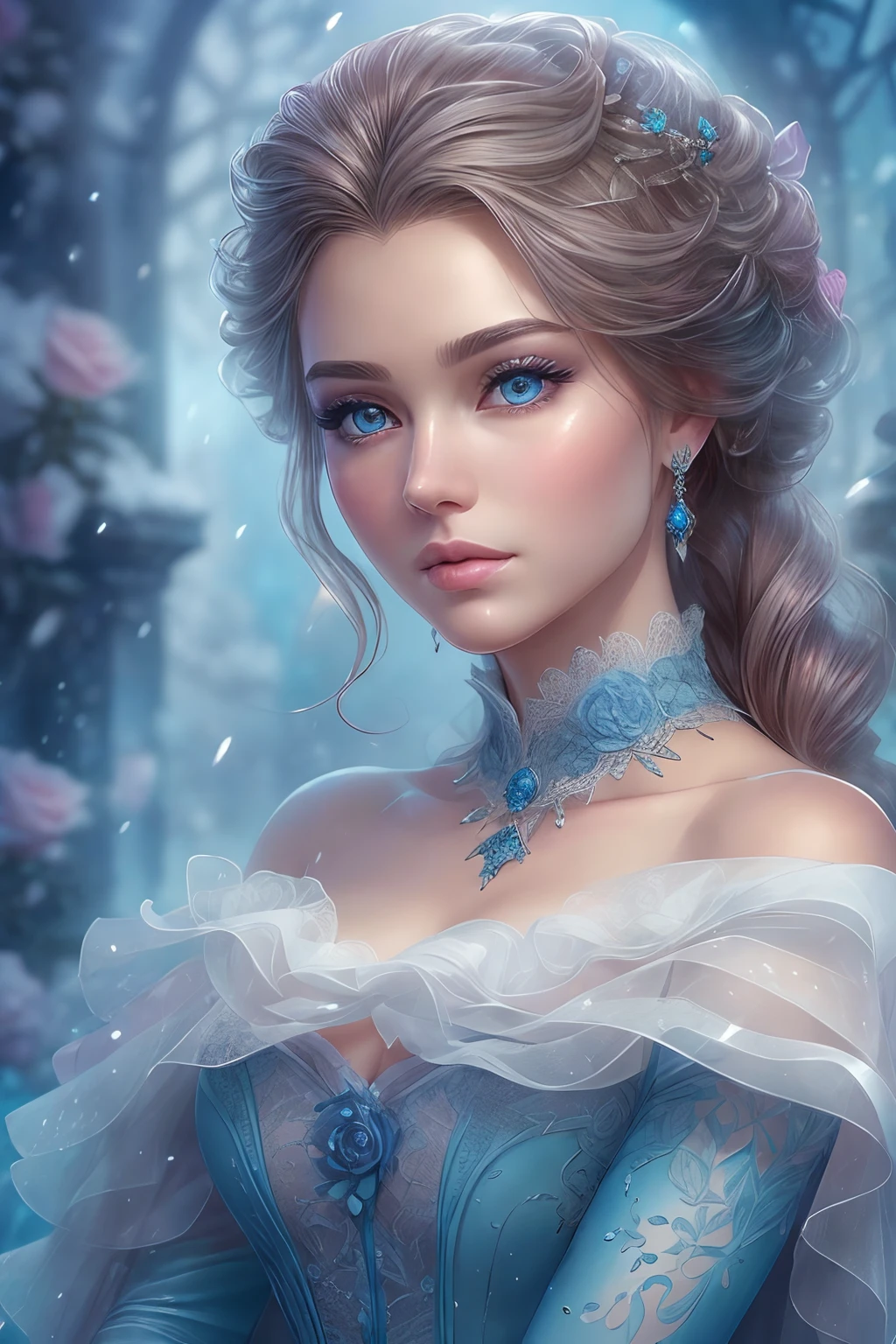 This is realistic (((fantasy))) artwork set in the frozen blue rose garden of an enchanted ice castle in winter and should consist of many shades of cold blue colors. It is snowing heavily. Generate a proud woman with a (((highly detailed face))) dressed in the billowing folds of a stunning French silk ballgown. The woman's elegant face is ((((highly detailed, with realistic features and soft, puffy lips.)))) The ballgown is embellished with ruffles, sashes, and bows and a delicately, but intricately, hand-embroidered bodice. The corset features silk ribbon. She is wearing Victorian royal winter outer clothes. The woman's stunning eyes are beautifully detailed, featuring realistic shading and multiple colors, and in high resolution. The woman is in a garden of eternal roses, each one beautifully formed and highly detailed. These realistic blue roses feature shimmering shades of light blue, dark blue, silver, and glimmering blue-purple. The eternal rose is a deep shade of periwinkle with shimmering iridescent overtones and undertones. Ensure that the woman's face, hair, and eyes are perfect. realism, high fantasy, whimsical fantasy, storybook fantasy, fairytale fantasy, fantasy details, enchanting, bewitching, 8k, hires, CGI, digital painting, unity, unreal engine, (((masterpiece))), intricate, elegant, highly detailed, majestic, digital photography, art by artgerm and ruan jia and Greg Rutkowski, (masterpiece, finely detailed beautiful eyes: 1.2), hdr, realistic skin texture, (((1woman))), (((solo))), Include a highly detailed face, extremely detailed face, and interesting background.