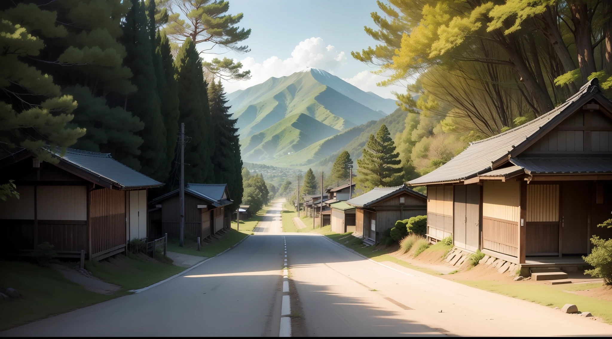 empty dirt road, in a rural region of Japan, trees, leaves in the wind, butterflies, mountains,