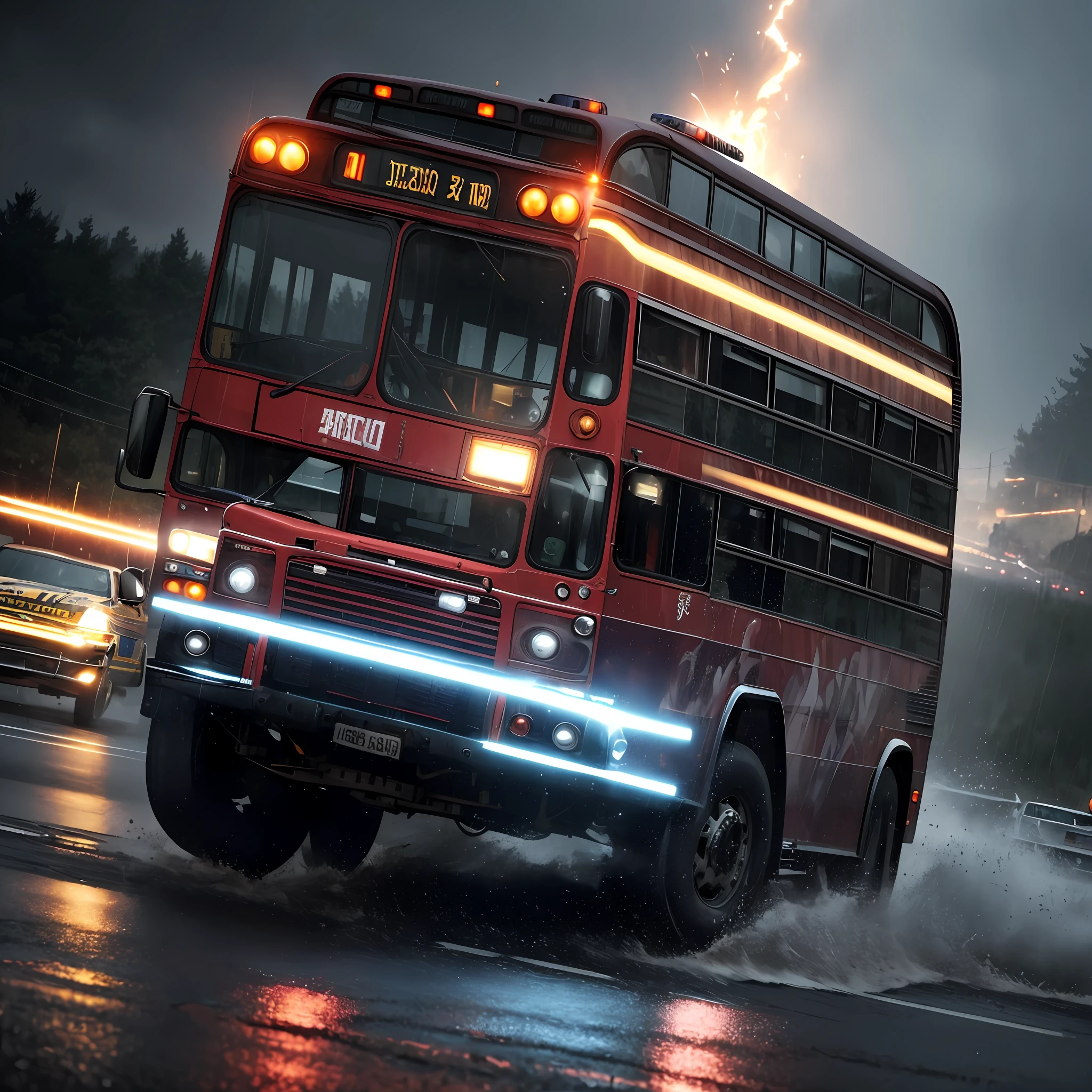 (((Capture an intense and action-packed image))) of a high-speed police chase involving the bus journeying west. The bus should be racing through curvy mountain roads, with rain pouring down and creating a dramatic atmosphere. The windshield should flash pink, adding a touch of surrealism to the scene. The bus's dented flank of blue, beat-up enamel should showcase its ruggedness and history. To heighten the excitement, depict sparks flying from the flat tires as the bus pushes its limits. The image should convey a sense of urgency, with police vehicles in pursuit, sirens blaring, and flashing lights illuminating the surroundings. The composition should capture the adrenaline-fueled chase, with the motion blur effect emphasizing the high speed and intensity of the moment.