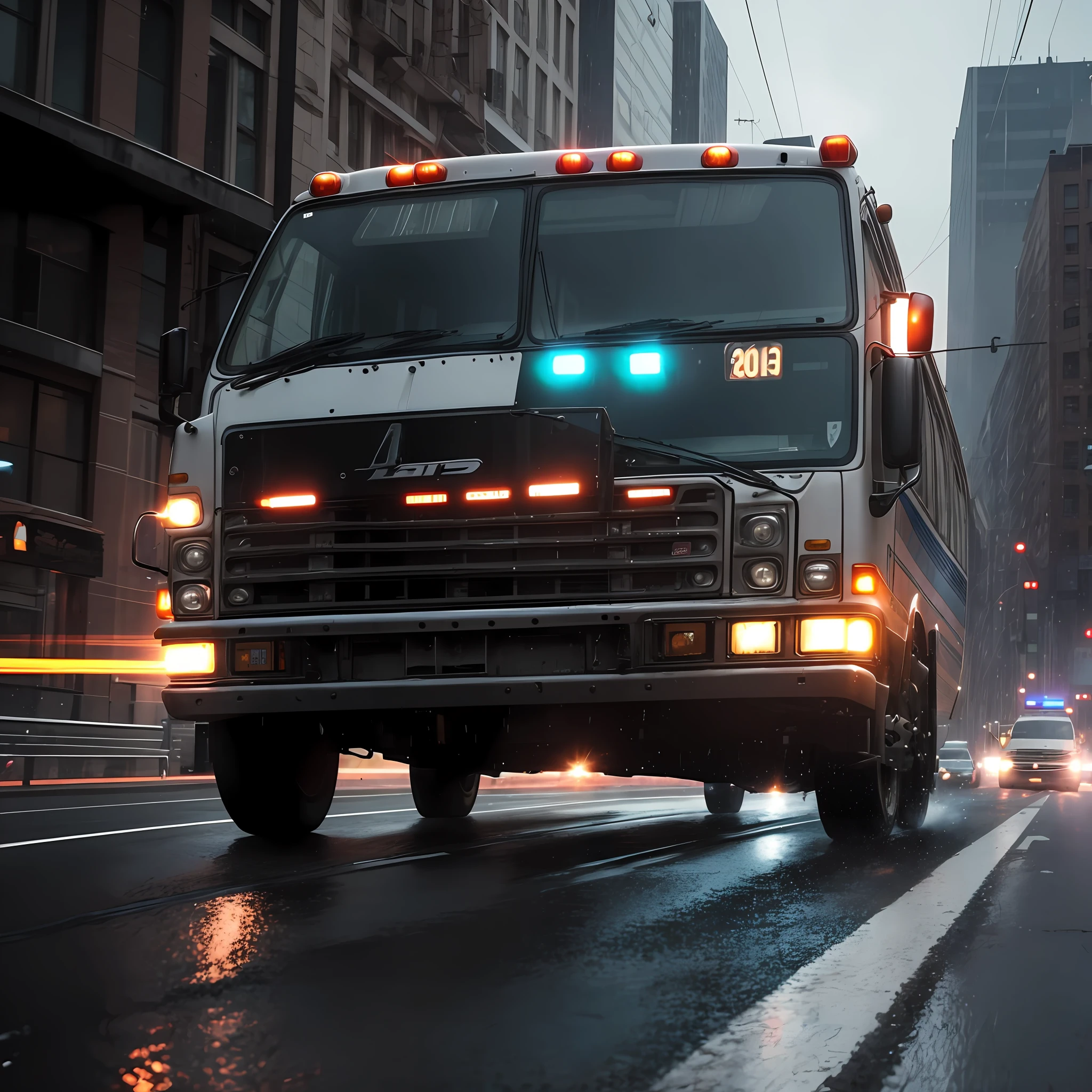 (((Capture an intense and action-packed image))) of a high-speed police chase involving the bus journeying west. The bus should be racing through curvy mountain roads, with rain pouring down and creating a dramatic atmosphere. The windshield should flash pink, adding a touch of surrealism to the scene. The bus's dented flank of blue, beat-up enamel should showcase its ruggedness and history. To heighten the excitement, depict sparks flying from the flat tires as the bus pushes its limits. The image should convey a sense of urgency, with police vehicles in pursuit, sirens blaring, and flashing lights illuminating the surroundings. The composition should capture the adrenaline-fueled chase, with the motion blur effect emphasizing the high speed and intensity of the moment.