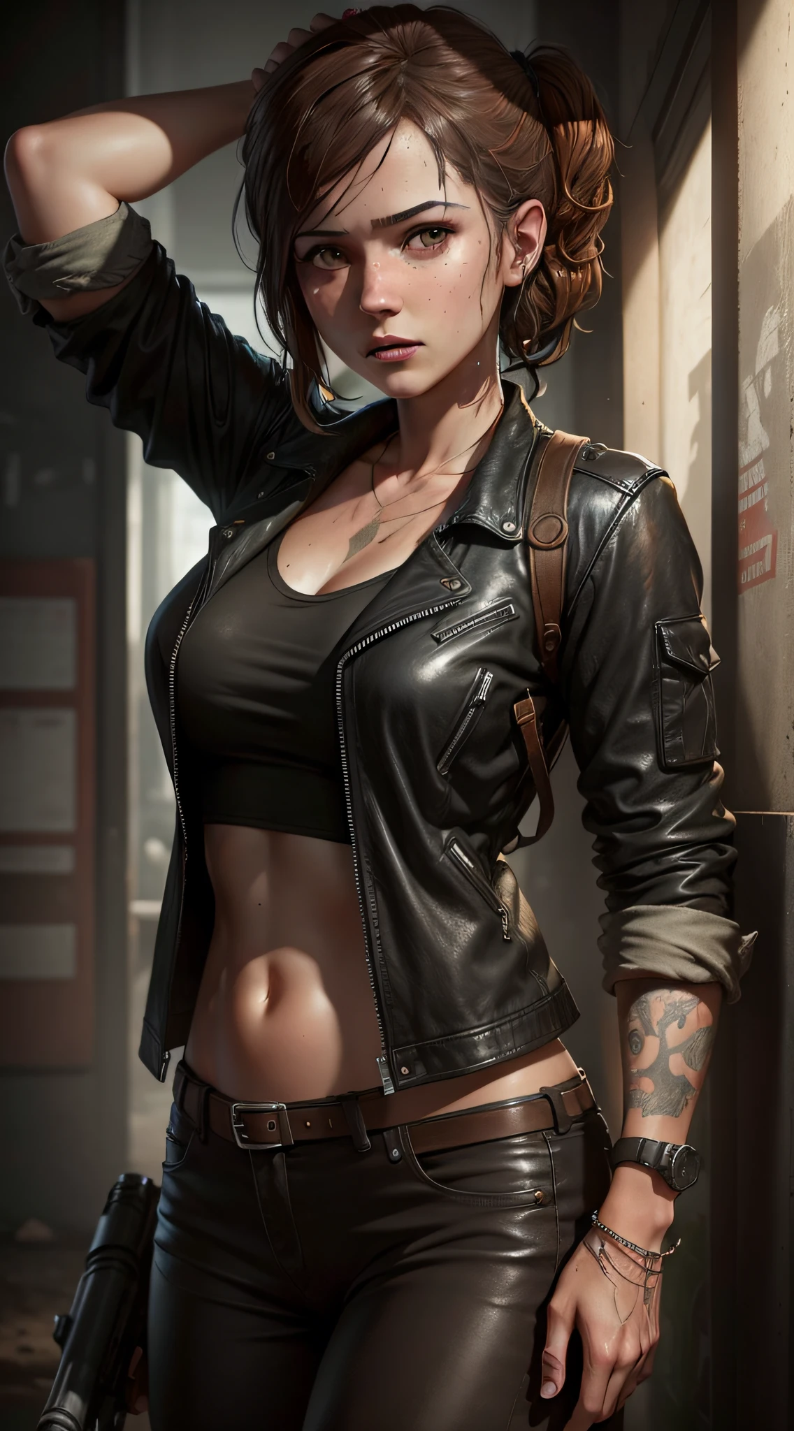 25 years old ellie from the last of us, leather clothes black
